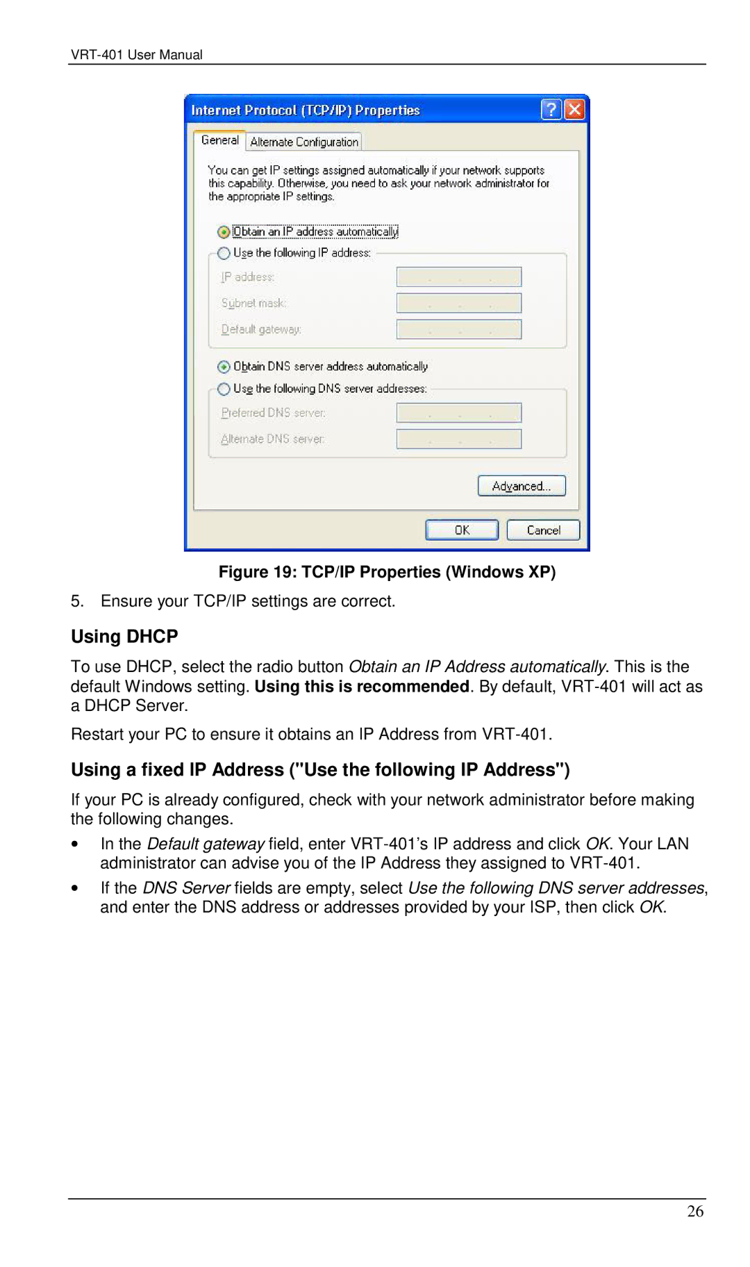 Planet Technology VRT-401 user manual TCP/IP Properties Windows XP 