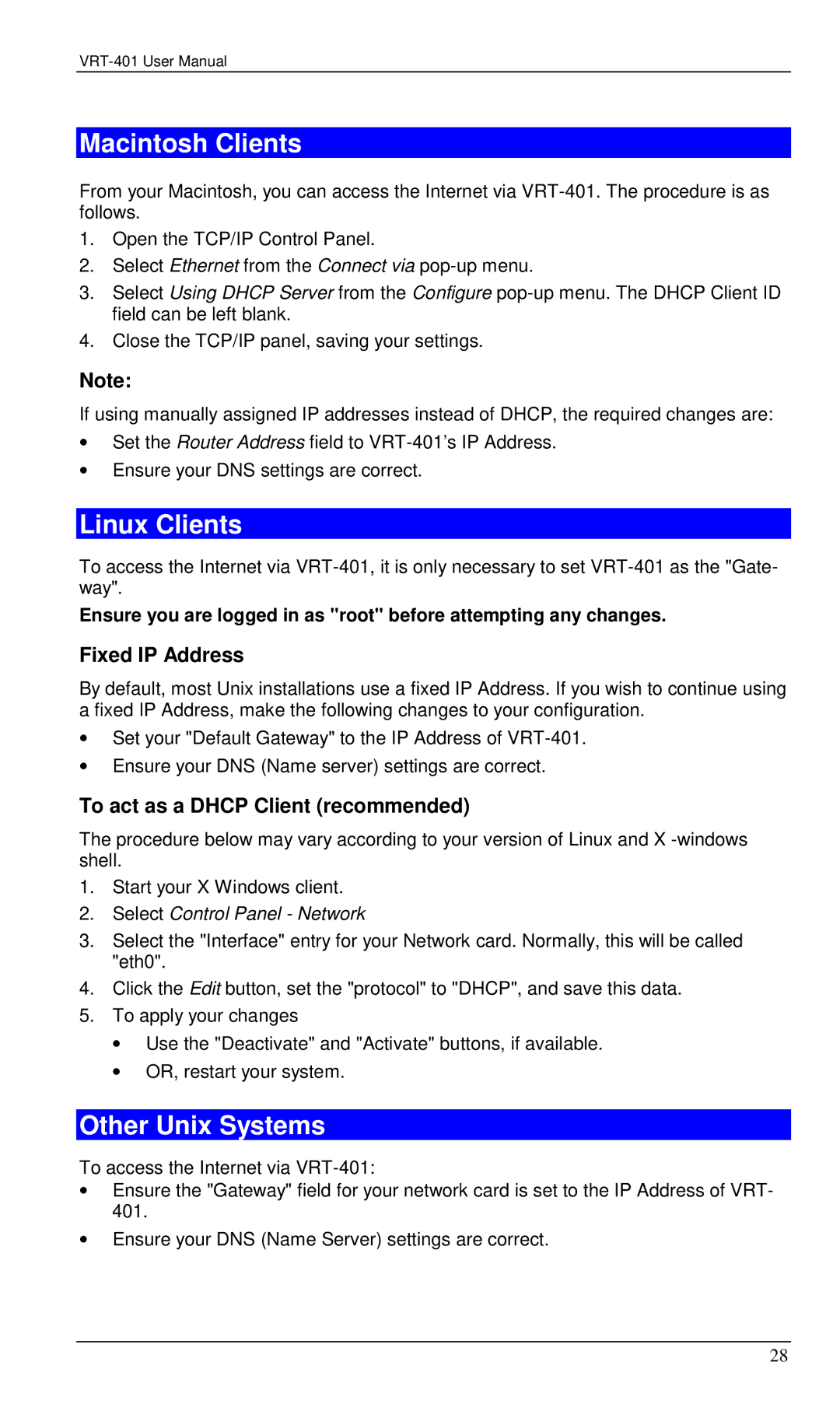 Planet Technology VRT-401 user manual Macintosh Clients, Linux Clients, Other Unix Systems, Fixed IP Address 