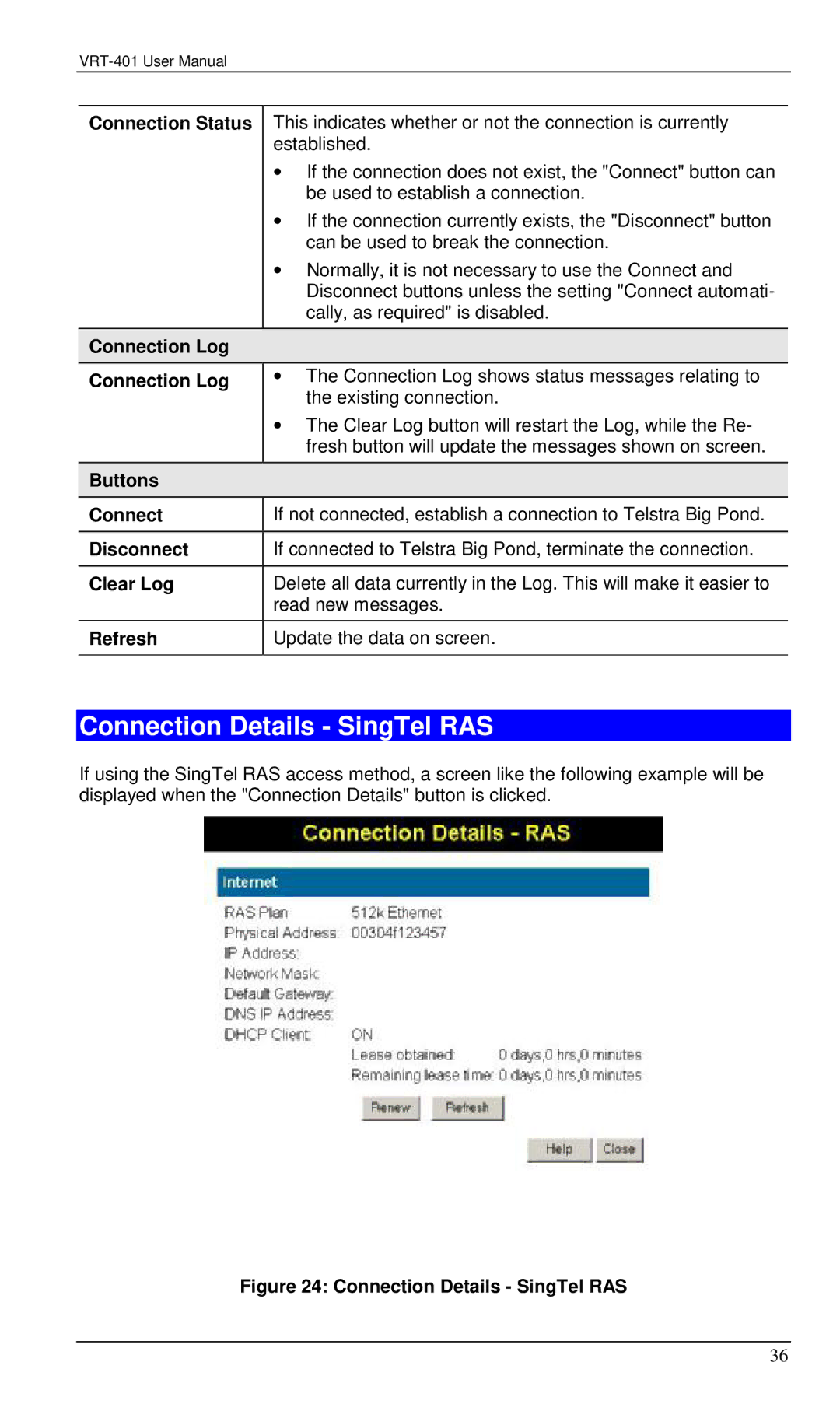 Planet Technology VRT-401 user manual Connection Details SingTel RAS, Connection Status 