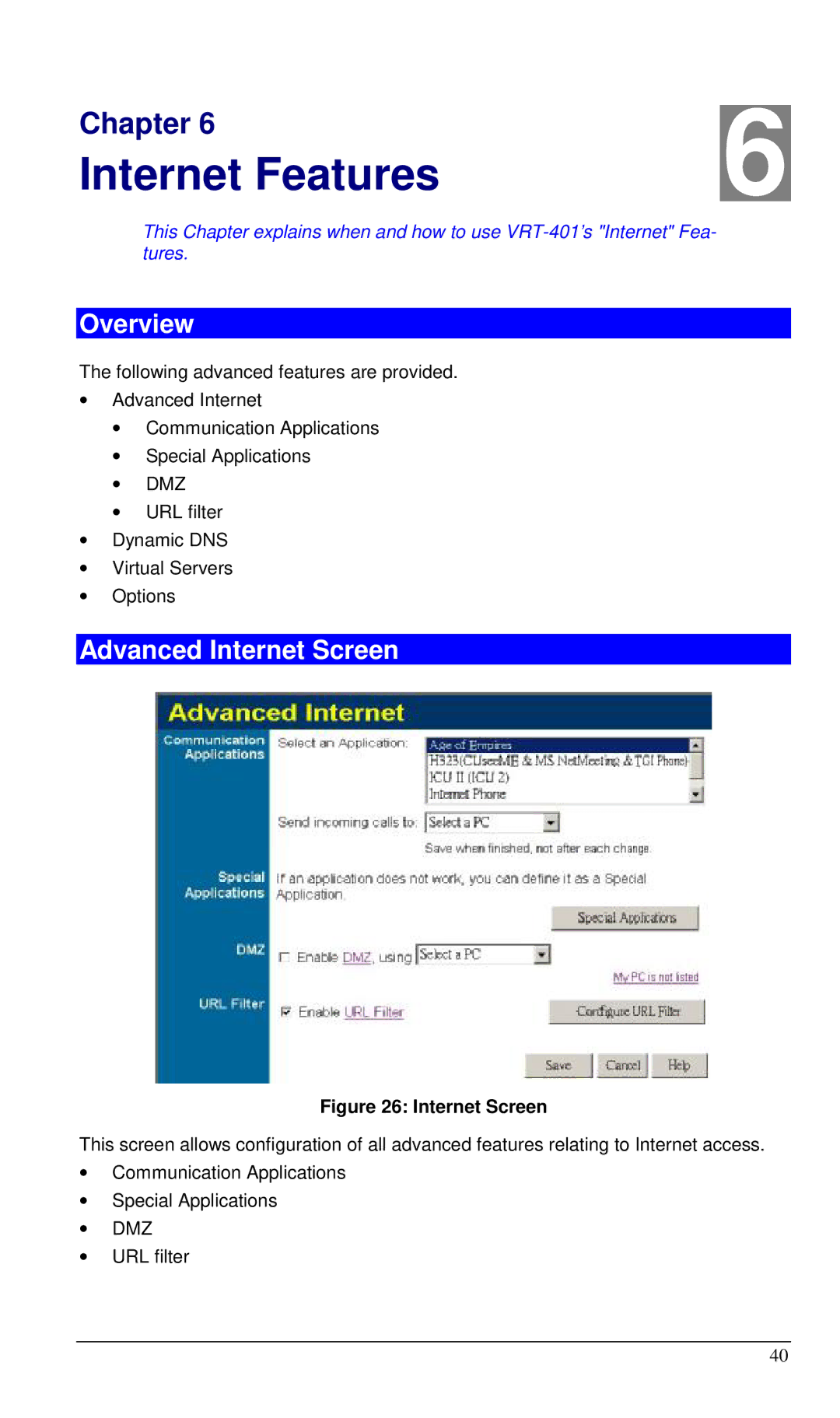 Planet Technology VRT-401 user manual Advanced Internet Screen 