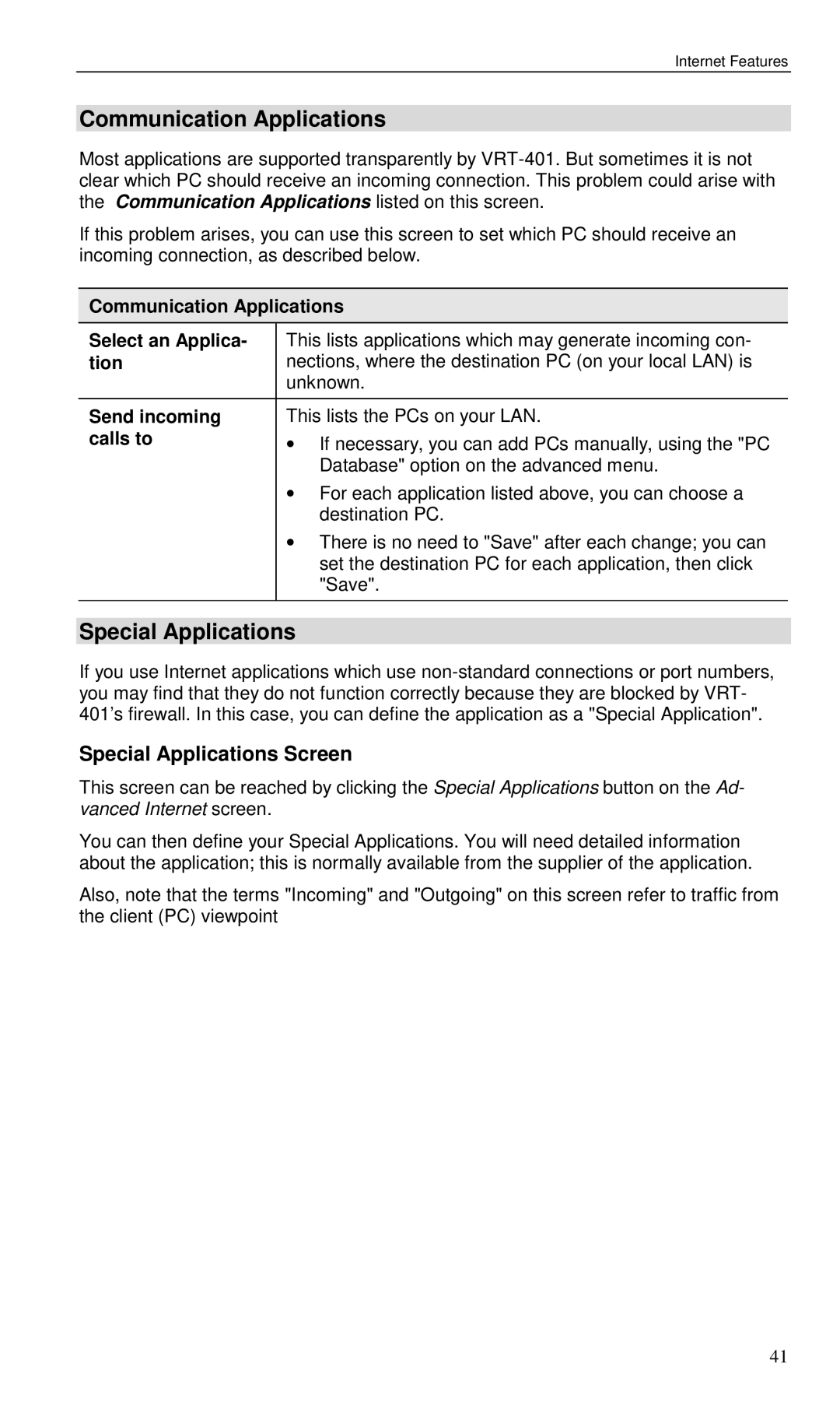 Planet Technology VRT-401 user manual Communication Applications, Special Applications Screen 