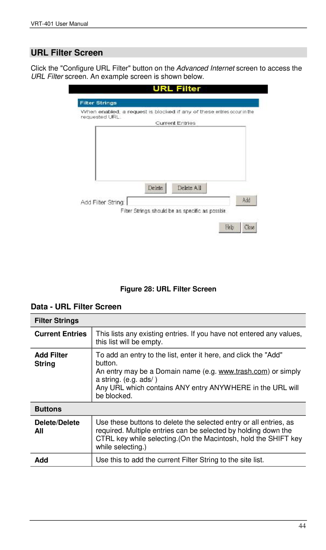 Planet Technology VRT-401 user manual Data URL Filter Screen 