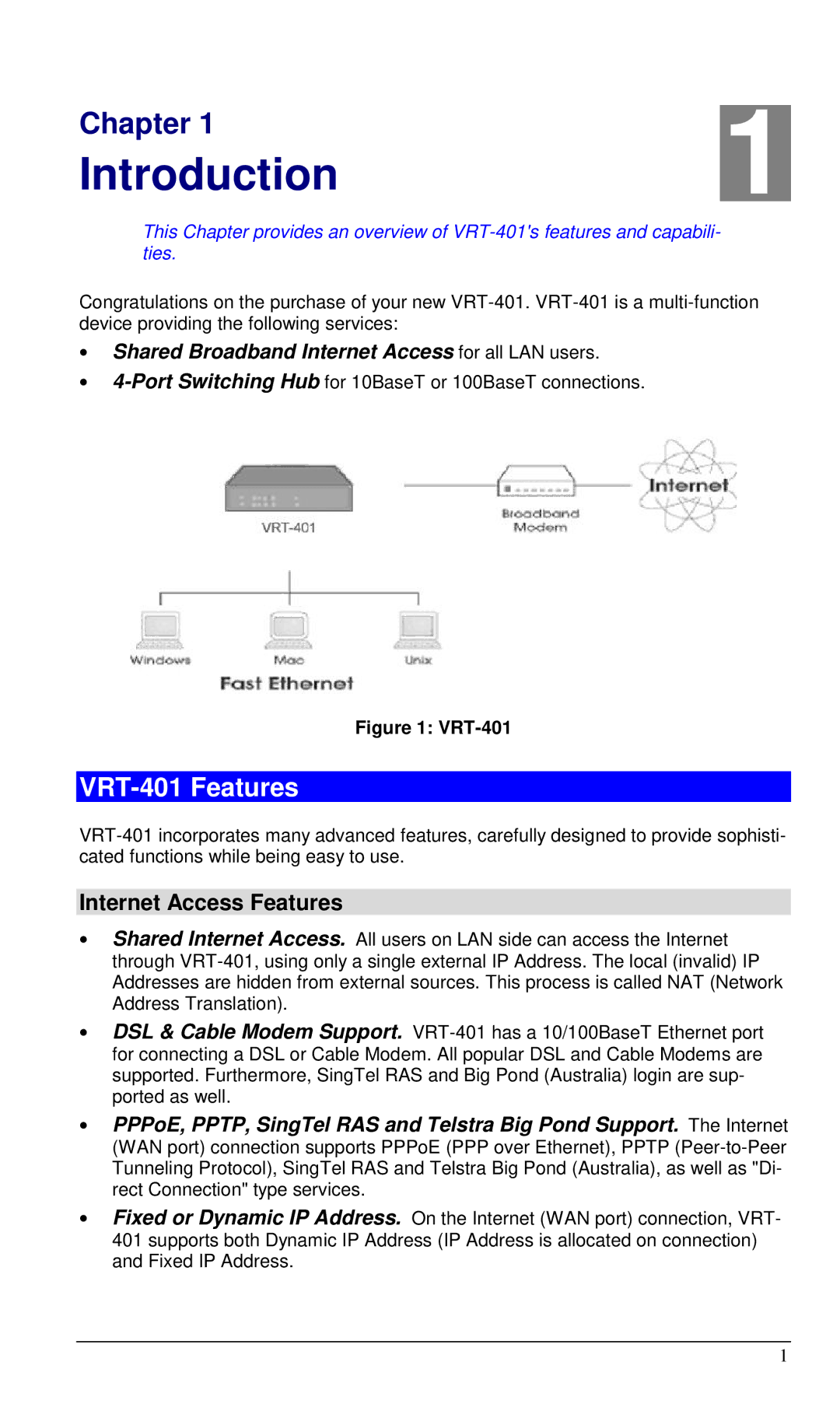 Planet Technology user manual VRT-401 Features, Internet Access Features 