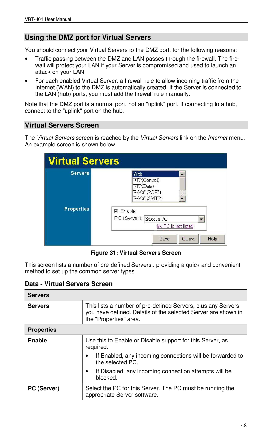 Planet Technology VRT-401 user manual Using the DMZ port for Virtual Servers, Data Virtual Servers Screen 