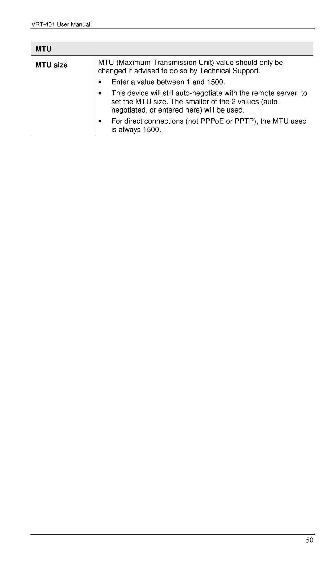 Planet Technology VRT-401 user manual Mtu, MTU size 