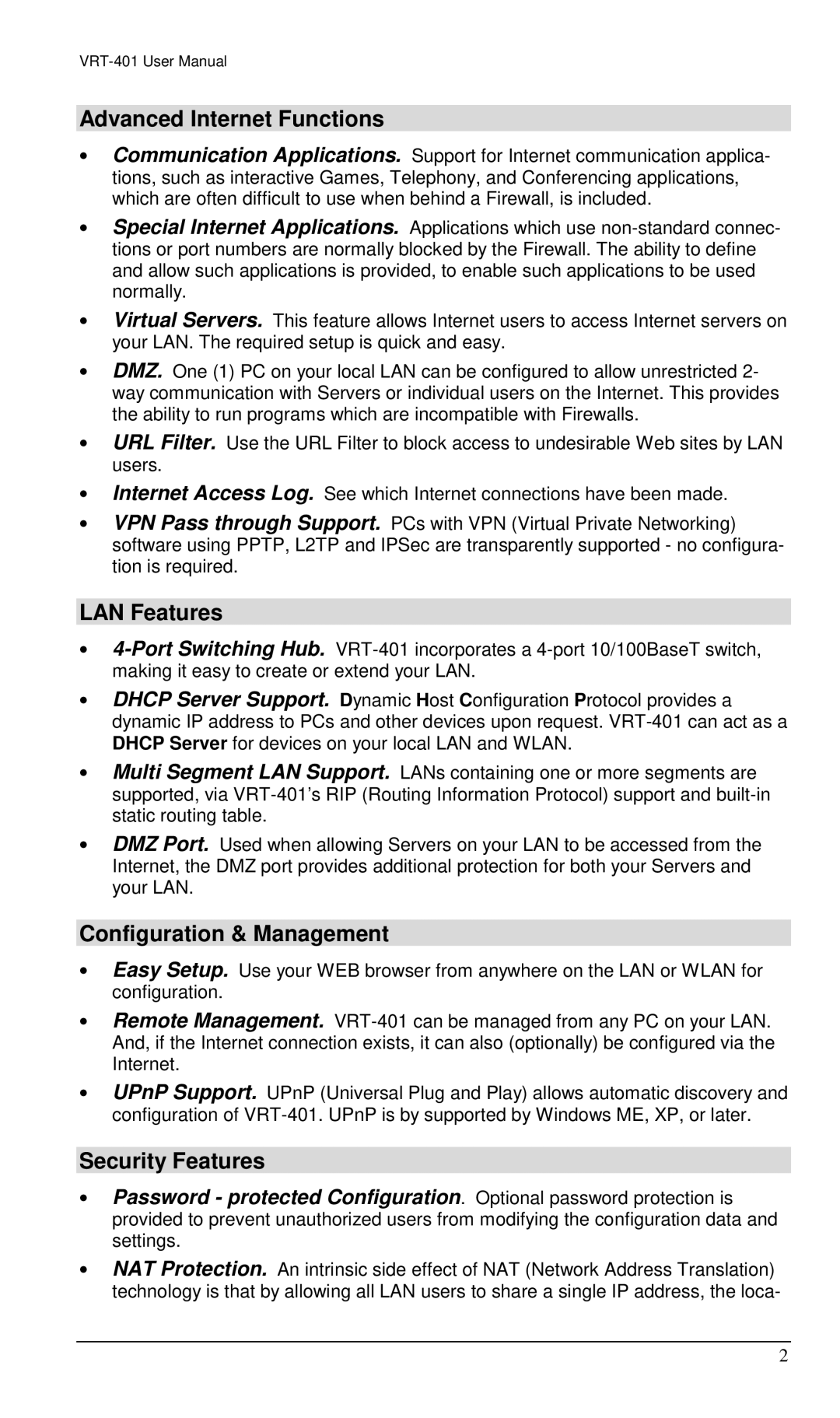 Planet Technology VRT-401 Advanced Internet Functions, LAN Features, Configuration & Management, Security Features 