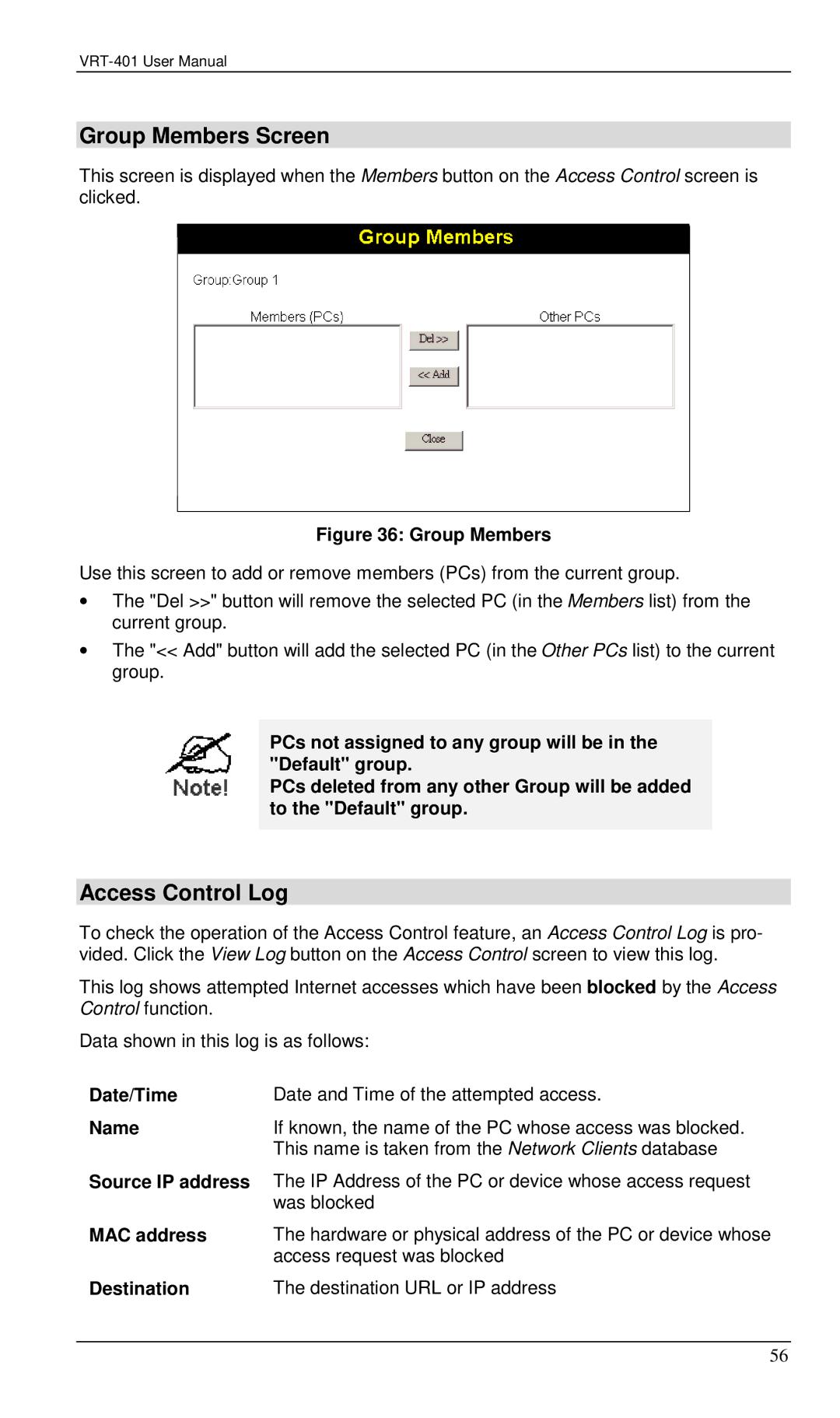 Planet Technology VRT-401 user manual Group Members Screen, Access Control Log 