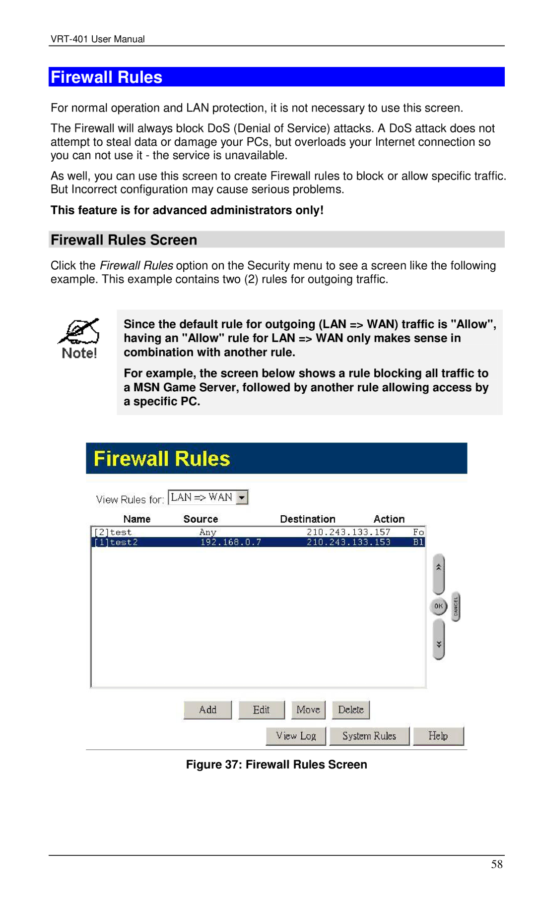 Planet Technology VRT-401 user manual Firewall Rules Screen, This feature is for advanced administrators only 