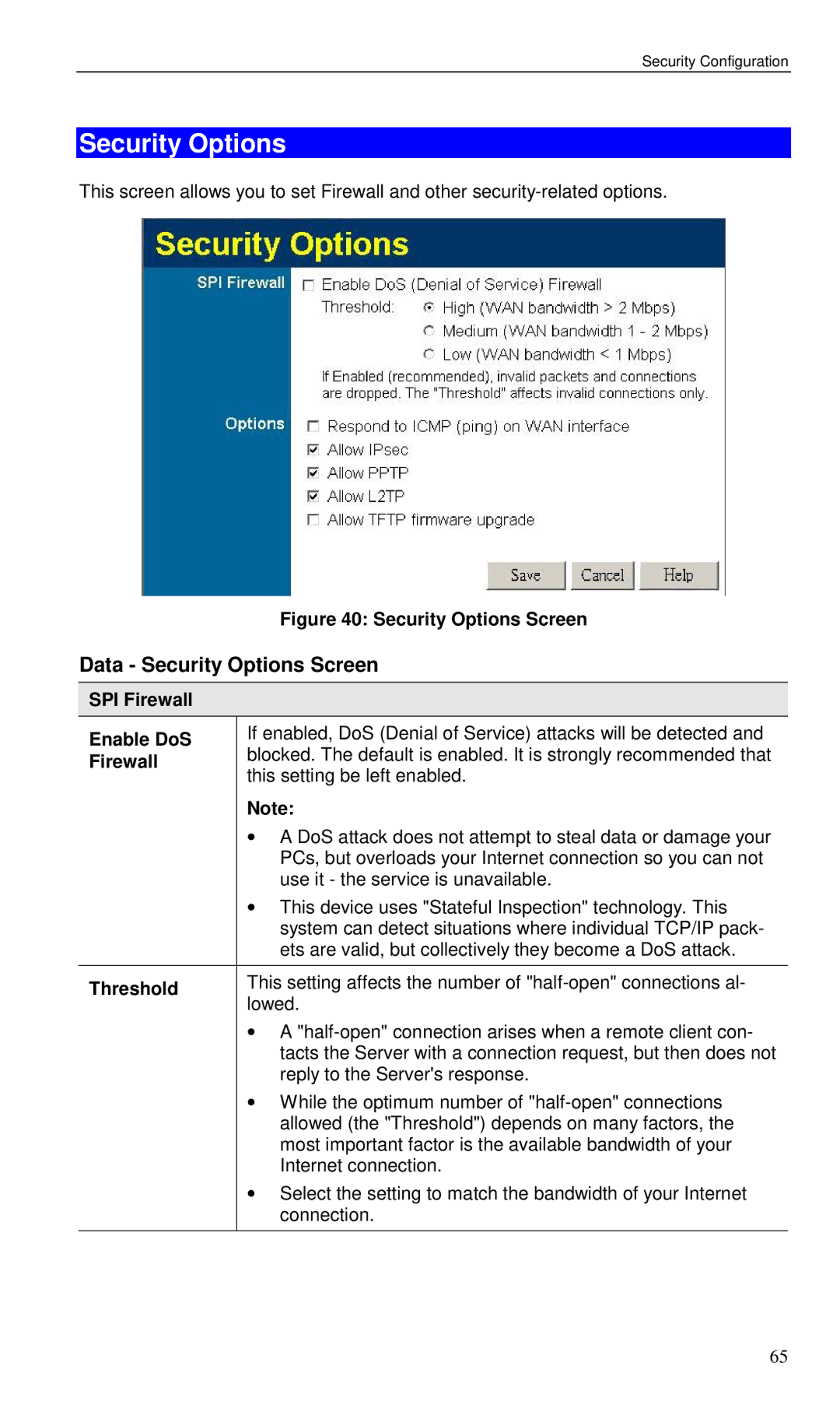 Planet Technology VRT-401 user manual Data Security Options Screen, SPI Firewall Enable DoS, Threshold 