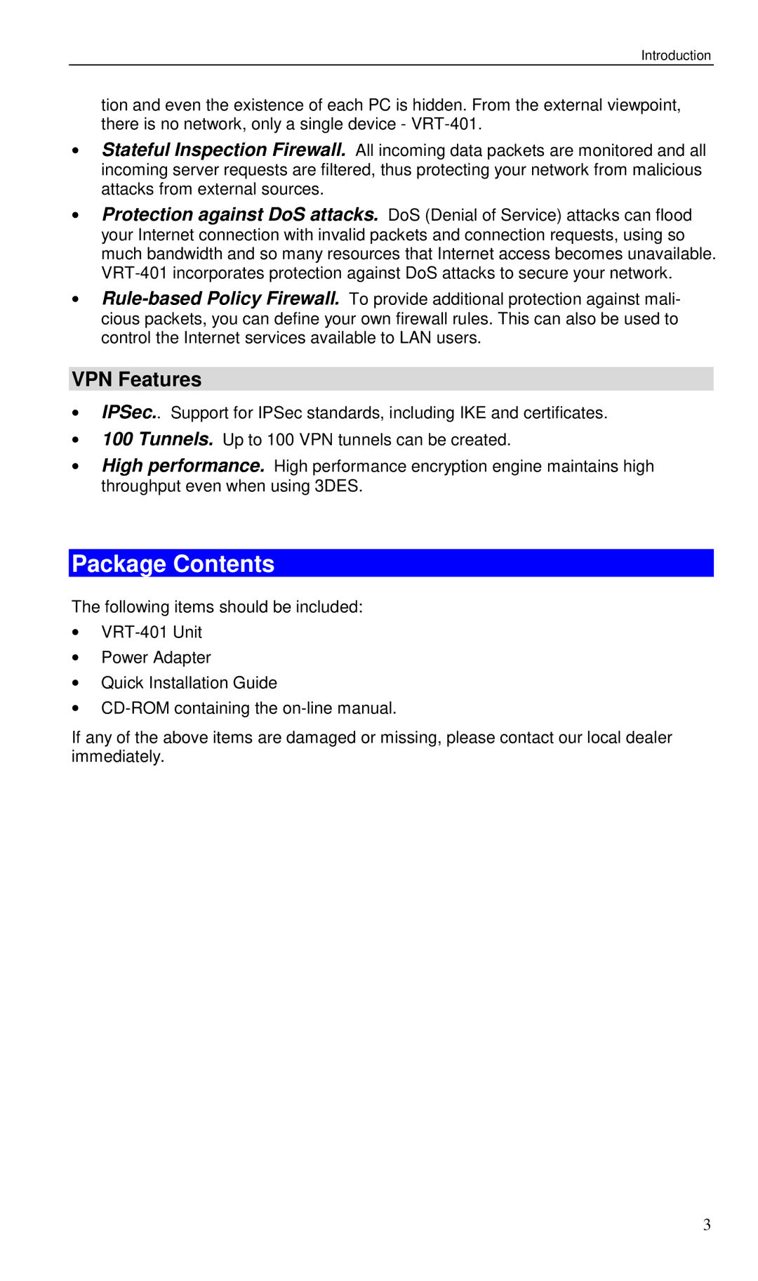 Planet Technology VRT-401 user manual Package Contents 