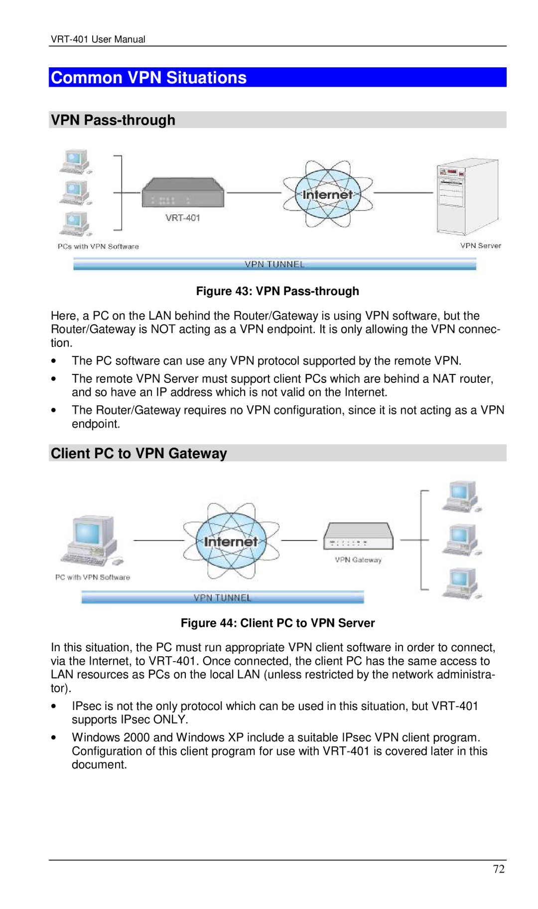 Planet Technology VRT-401 user manual Common VPN Situations, VPN Pass-through, Client PC to VPN Gateway 