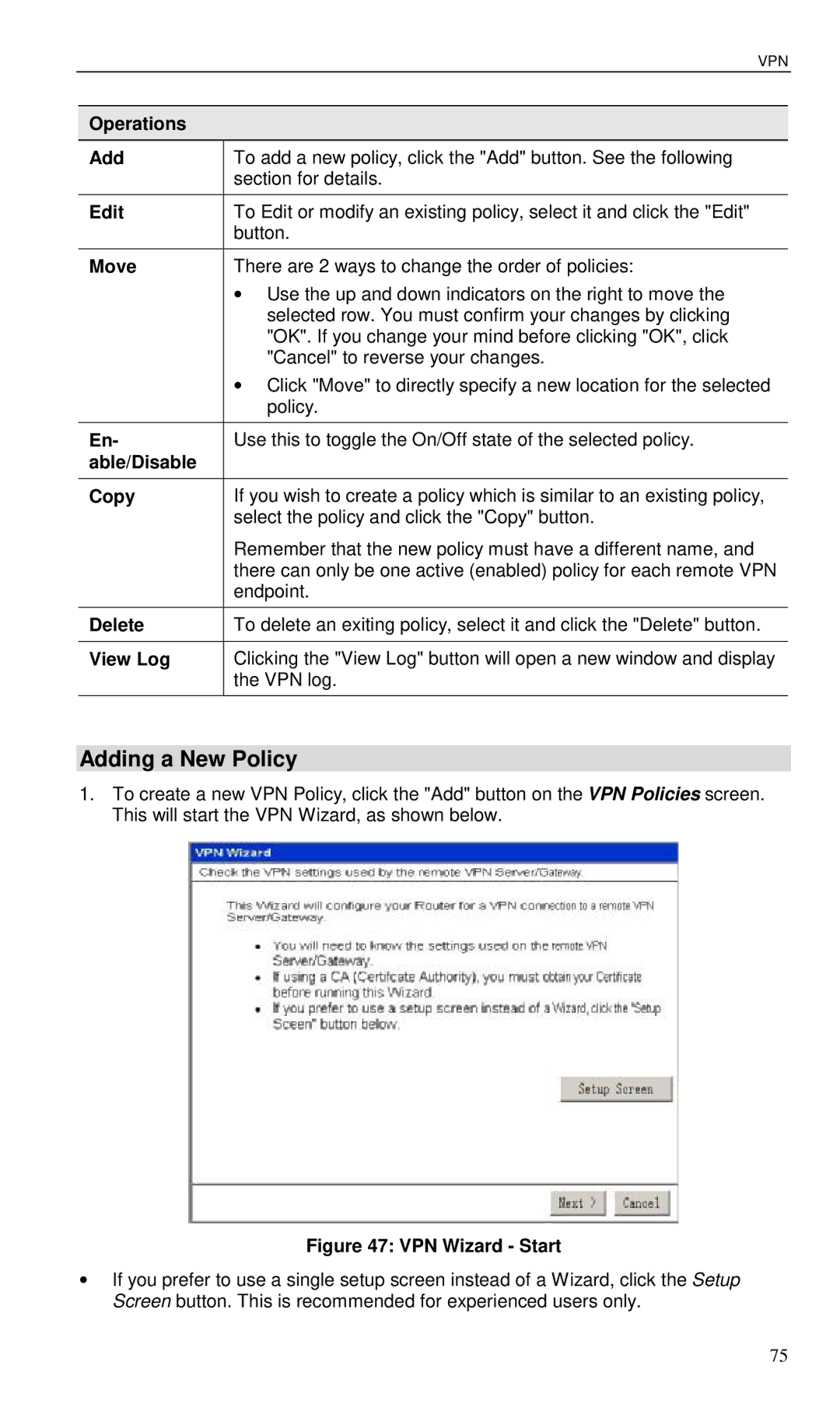 Planet Technology VRT-401 user manual Adding a New Policy, Operations Add, Able/Disable Copy 