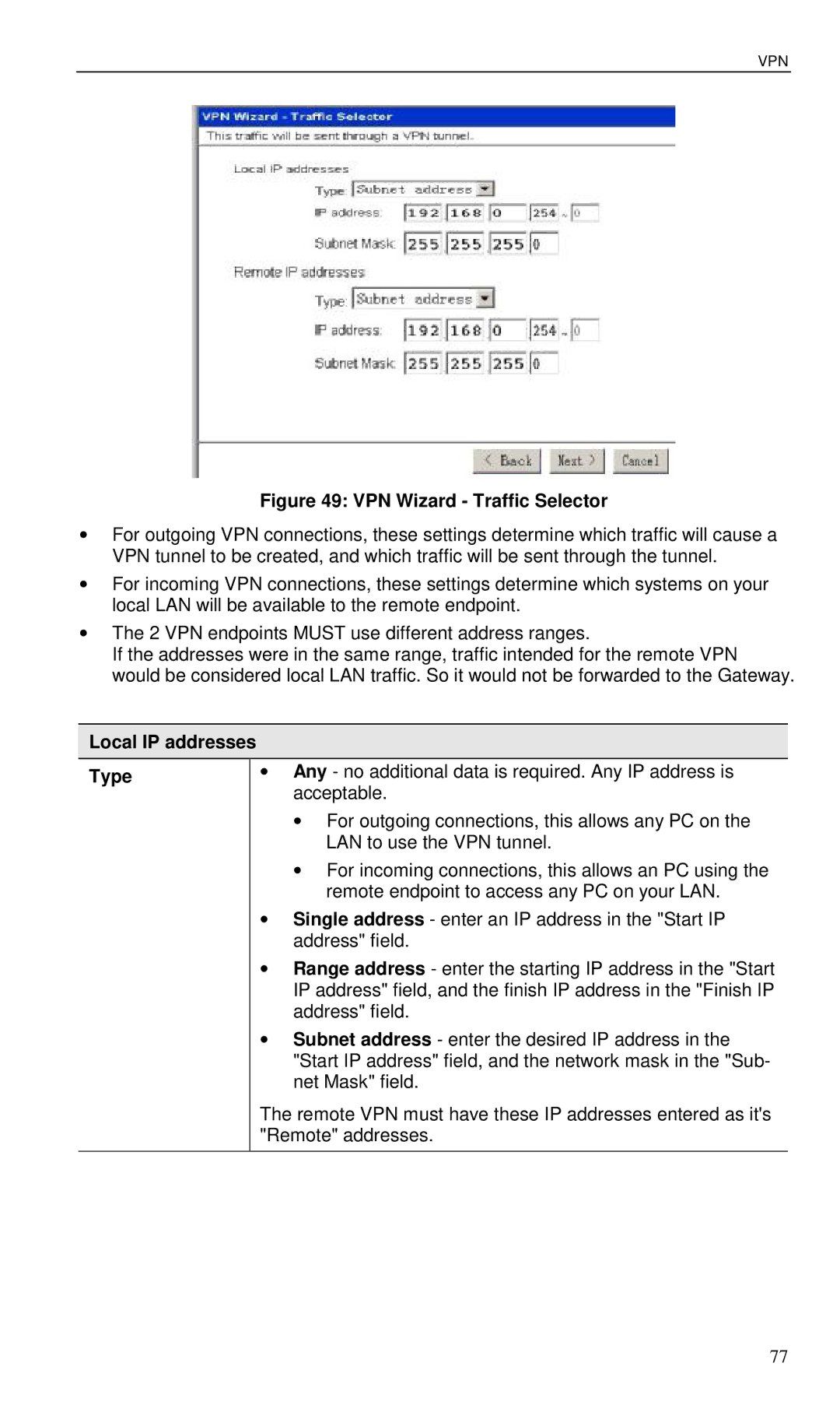 Planet Technology VRT-401 user manual VPN Wizard Traffic Selector, Local IP addresses Type 