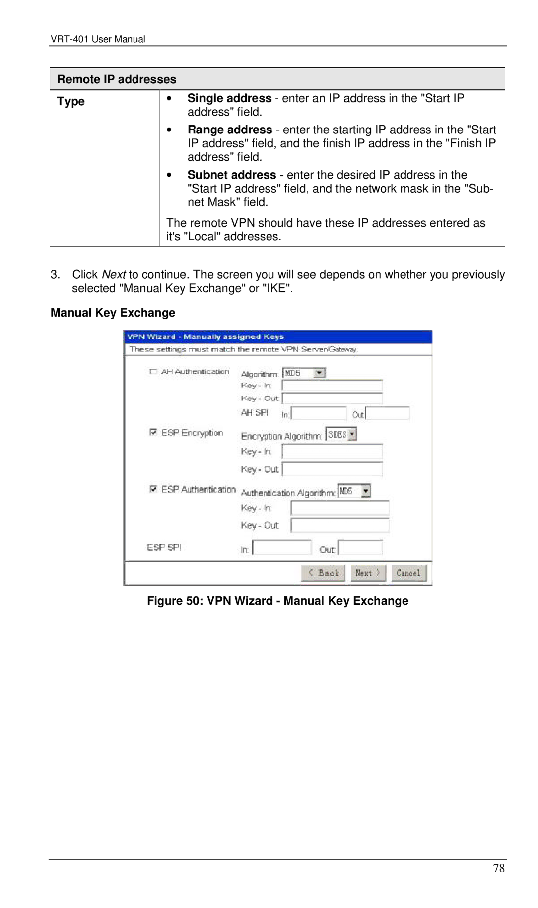 Planet Technology VRT-401 user manual Remote IP addresses Type, Manual Key Exchange 