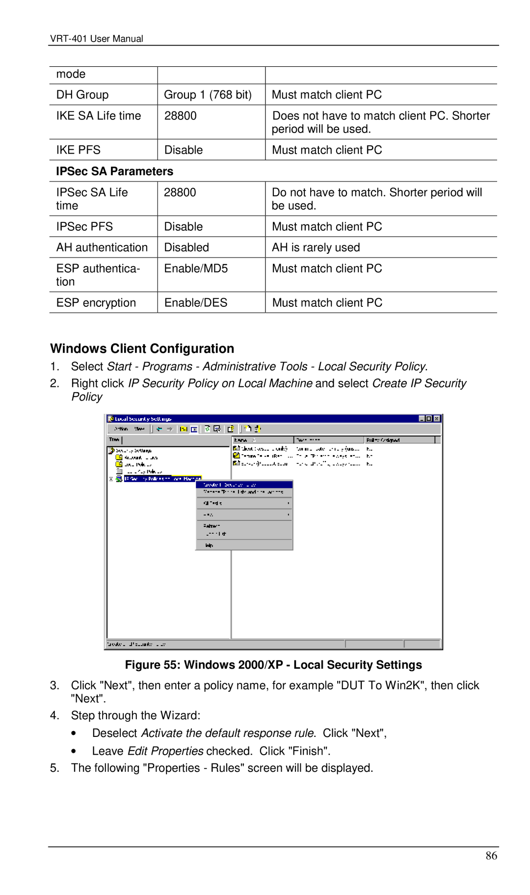 Planet Technology VRT-401 user manual Windows Client Configuration, Windows 2000/XP Local Security Settings 