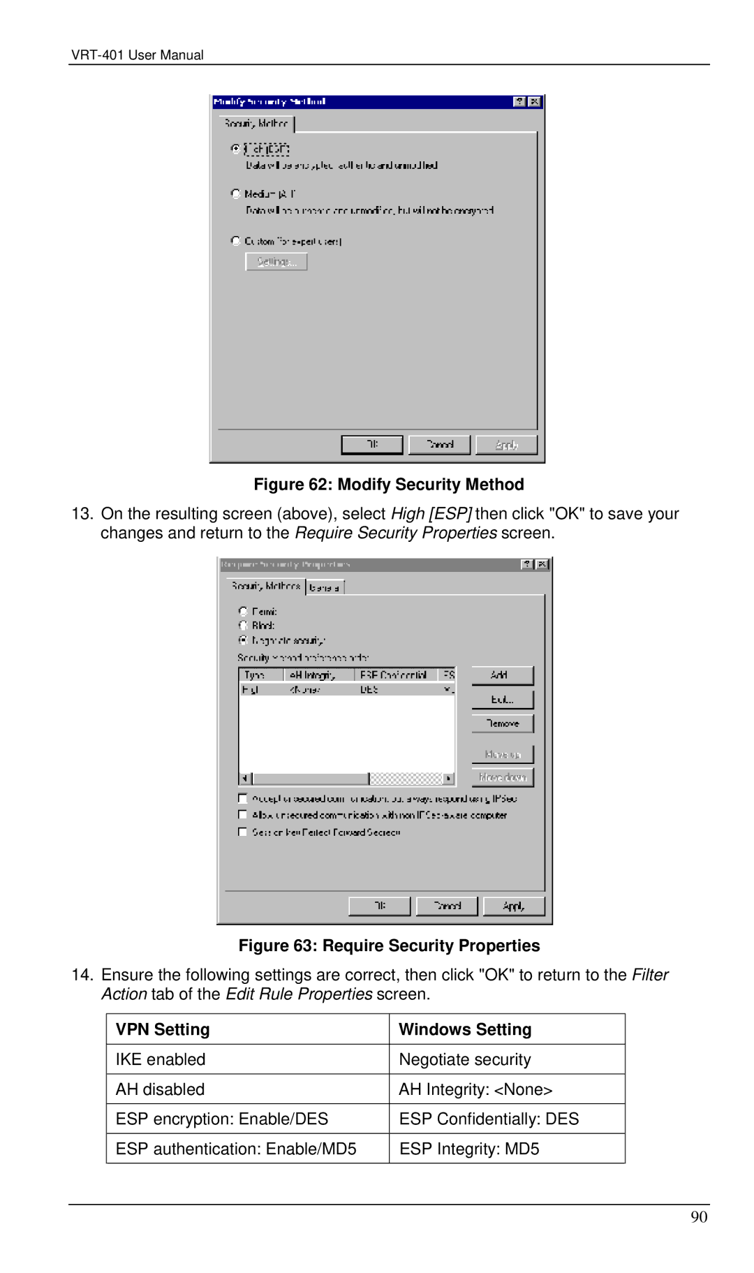 Planet Technology VRT-401 user manual Modify Security Method, VPN Setting Windows Setting 