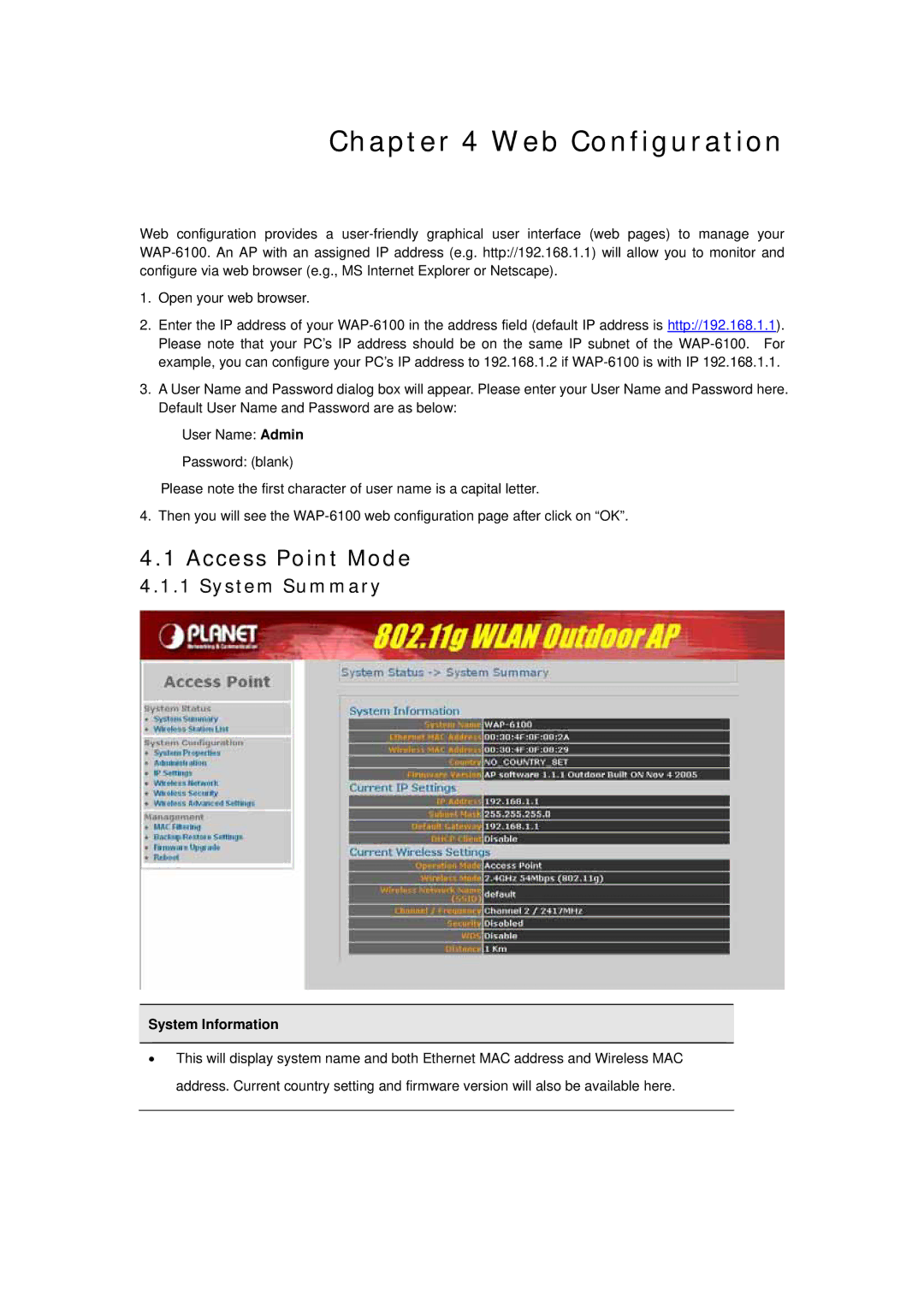 Planet Technology WAP-6100 user manual Web Configuration, Access Point Mode, System Summary, System Information 