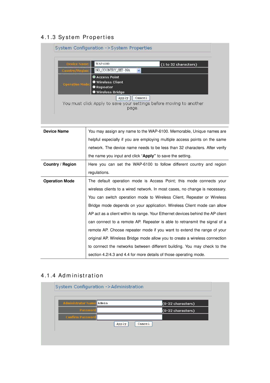 Planet Technology WAP-6100 user manual System Properties, Administration, Device Name, Country / Region, Operation Mode 