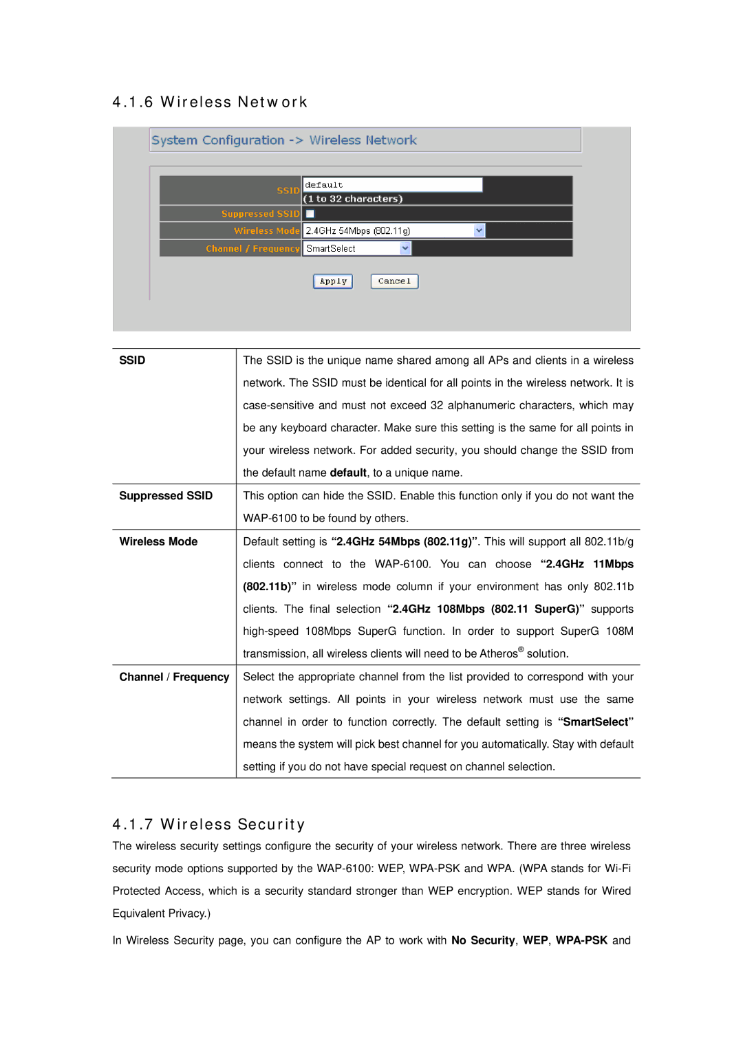 Planet Technology WAP-6100 user manual Wireless Network, Wireless Security, Ssid 