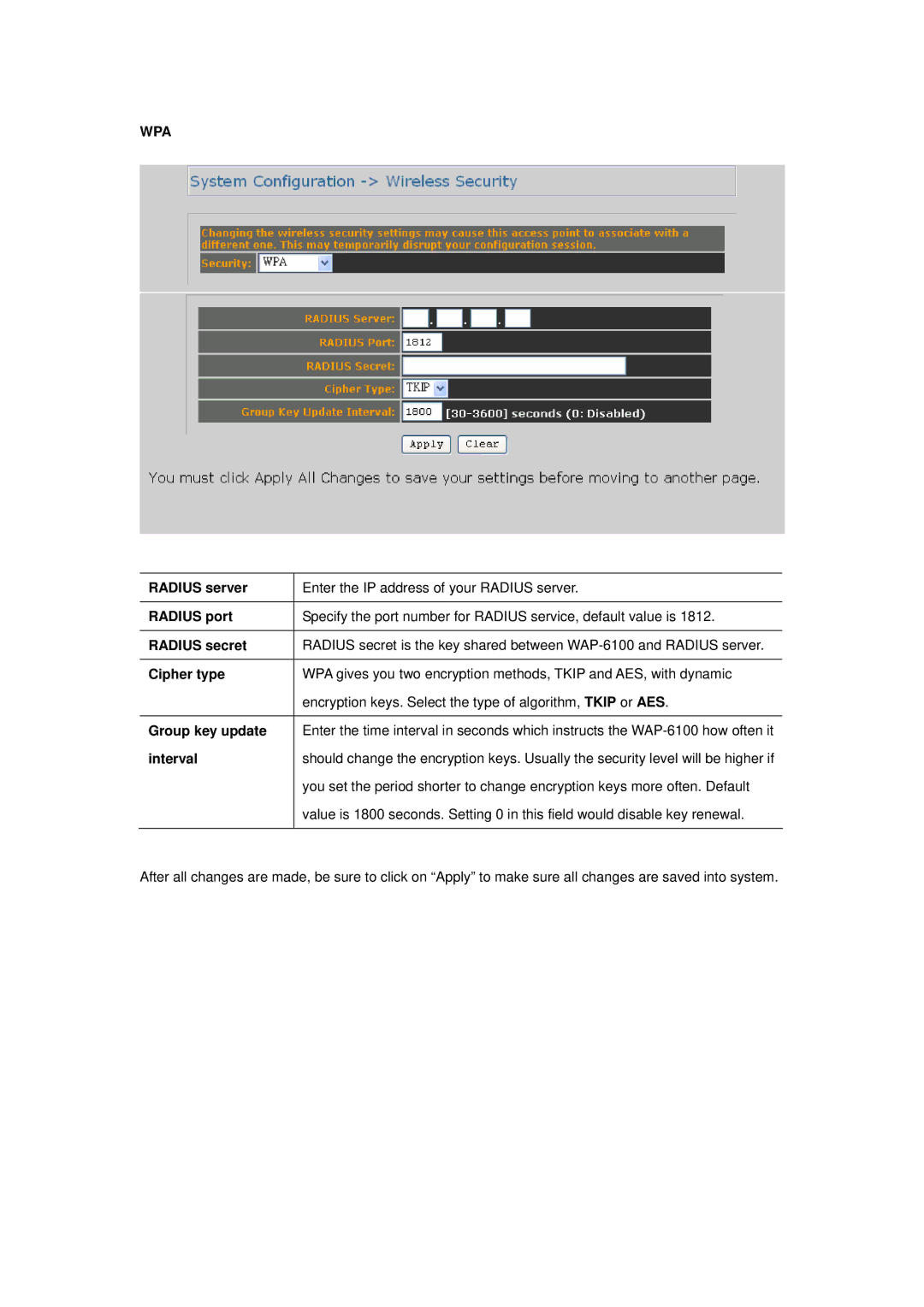 Planet Technology WAP-6100 user manual Wpa, Radius server, Radius port, Radius secret 