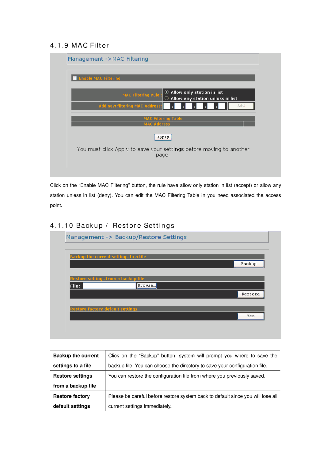 Planet Technology WAP-6100 user manual MAC Filter, Backup / Restore Settings, Default settings Current settings immediately 