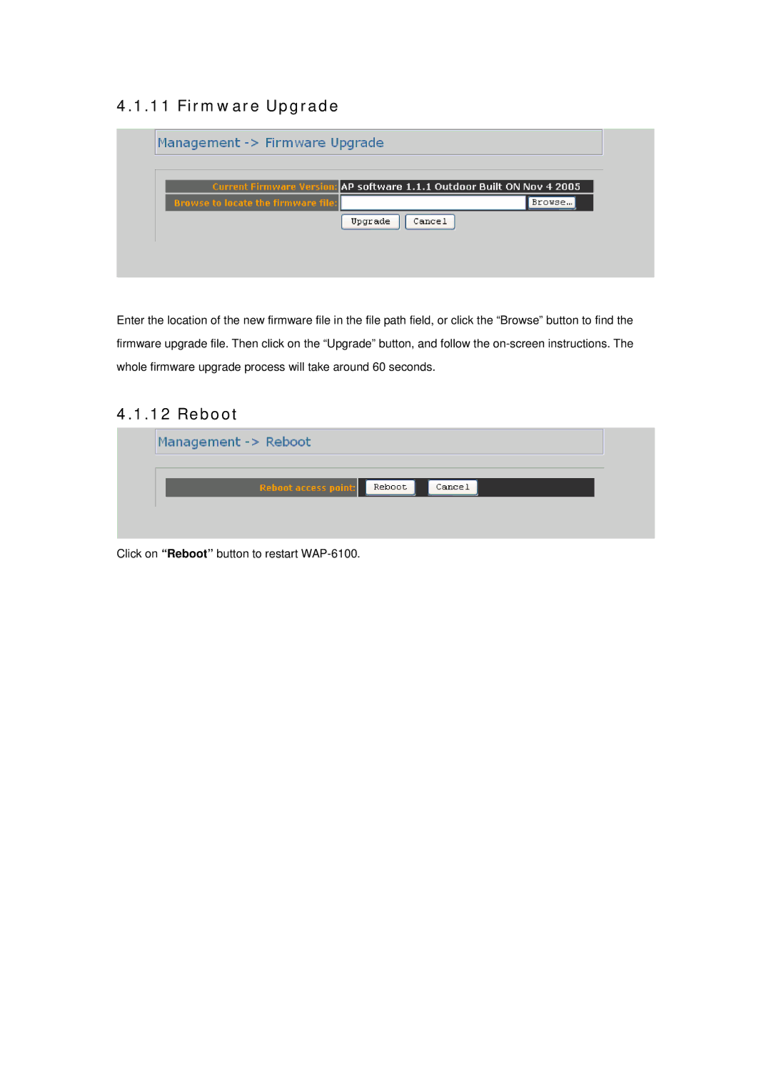 Planet Technology WAP-6100 user manual Firmware Upgrade, Reboot 