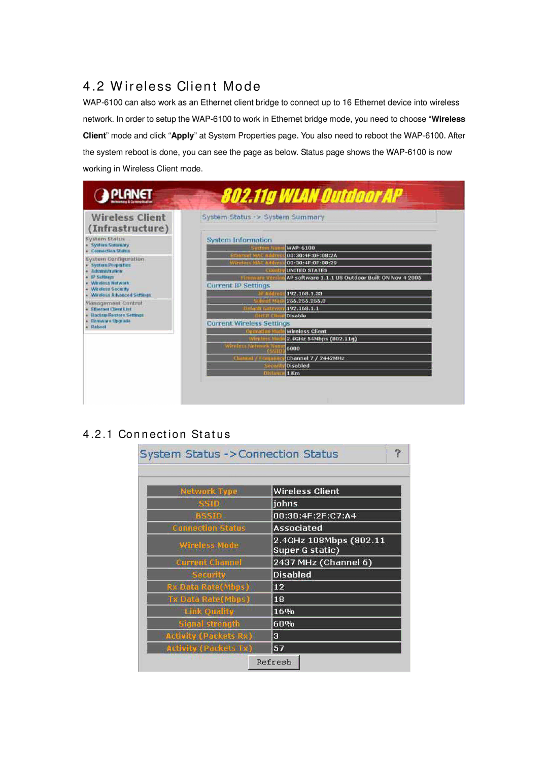 Planet Technology WAP-6100 user manual Wireless Client Mode, Connection Status 