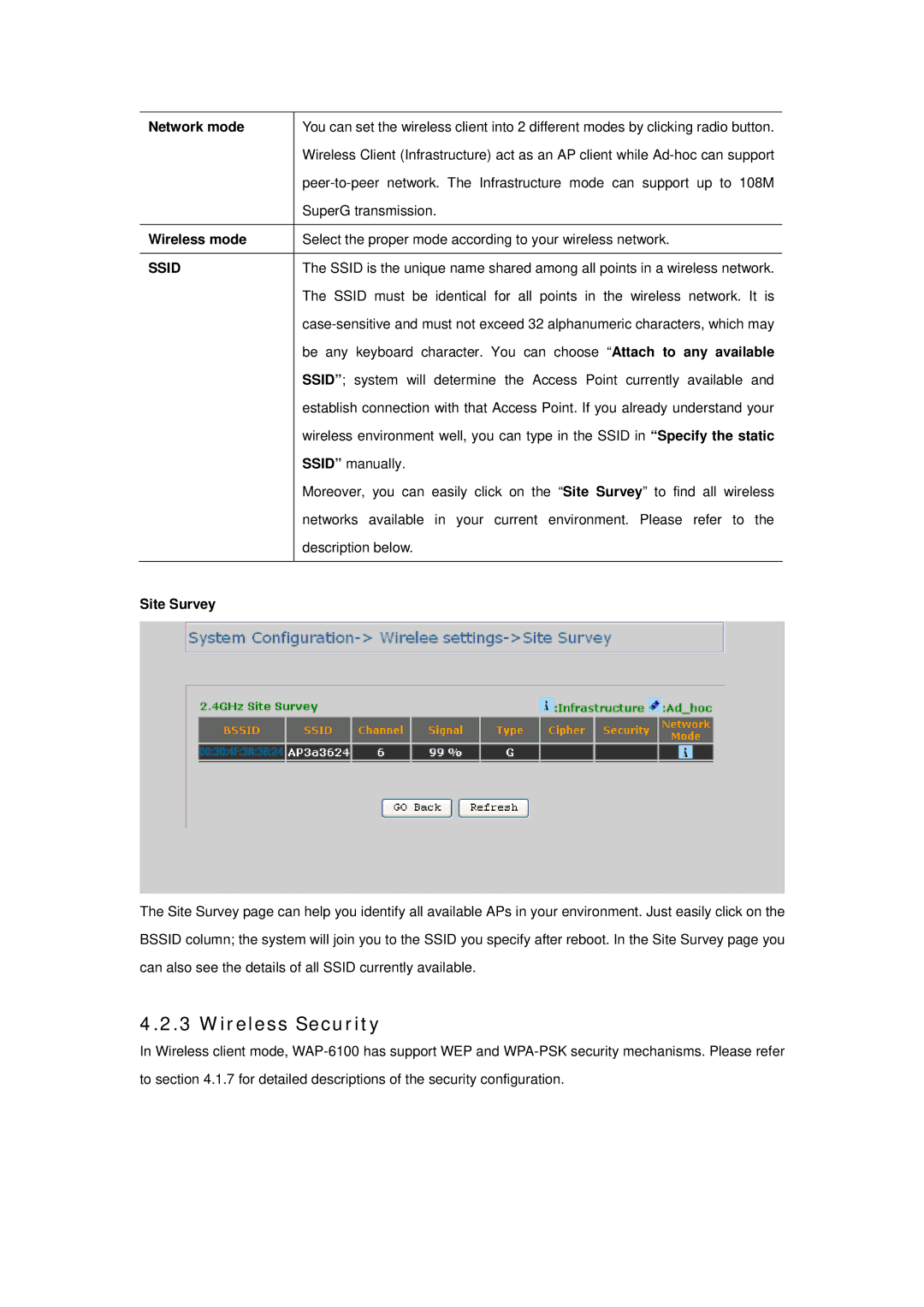 Planet Technology WAP-6100 user manual Network mode, Site Survey 