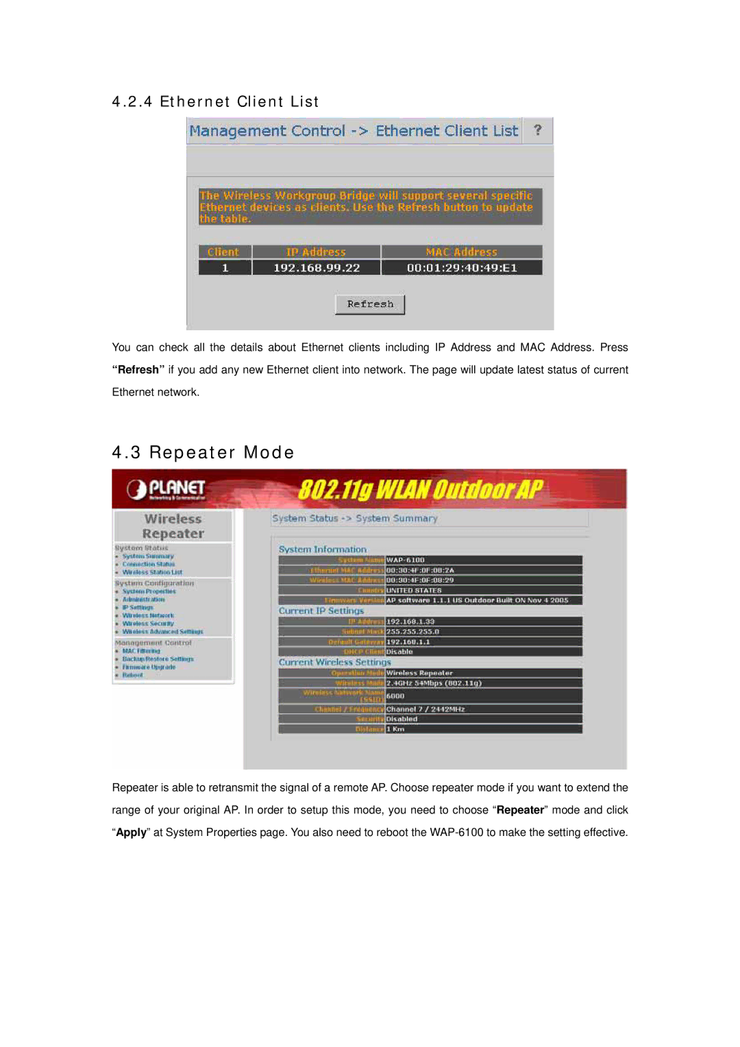 Planet Technology WAP-6100 user manual Repeater Mode, Ethernet Client List 