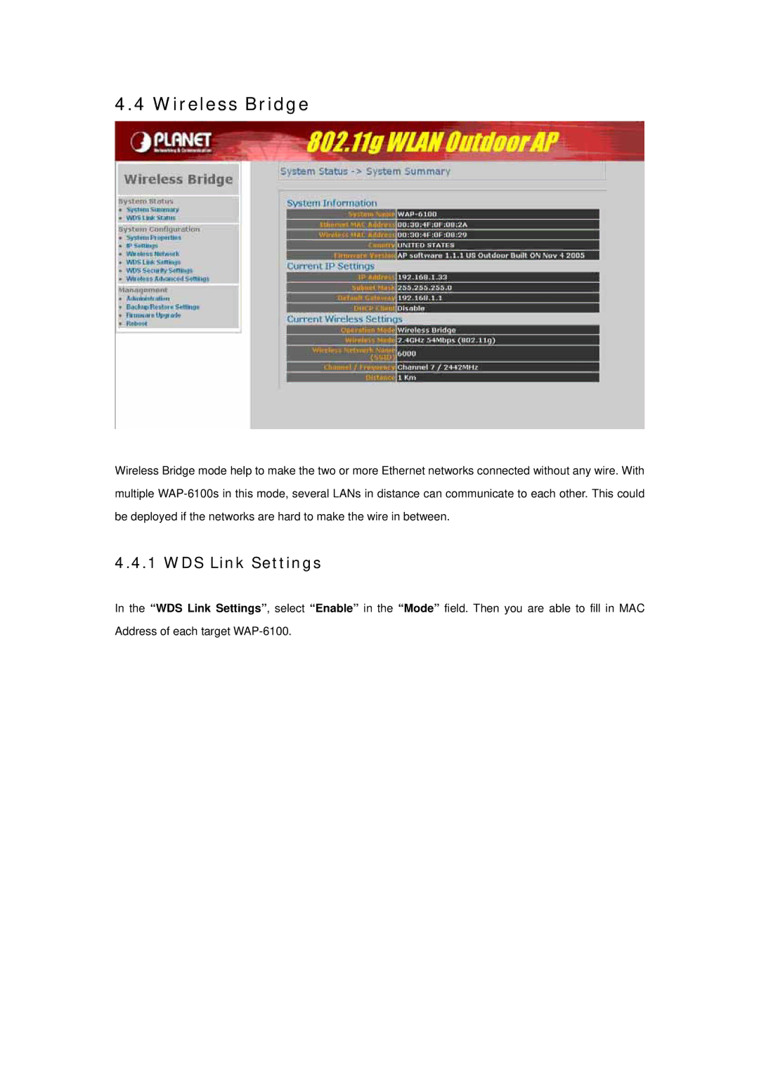 Planet Technology WAP-6100 user manual Wireless Bridge, WDS Link Settings 