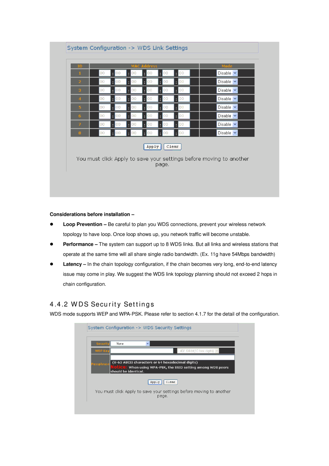 Planet Technology WAP-6100 user manual WDS Security Settings, Considerations before installation 