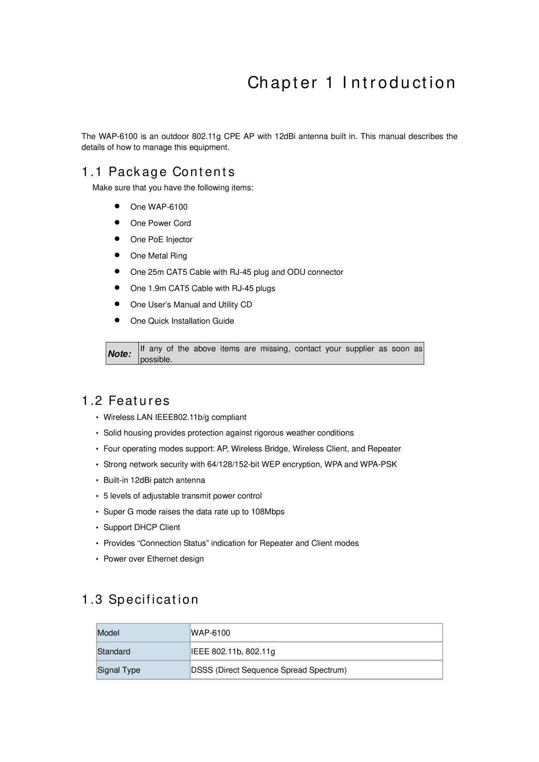 Planet Technology WAP-6100 user manual Introduction, Package Contents, Features, Specification 