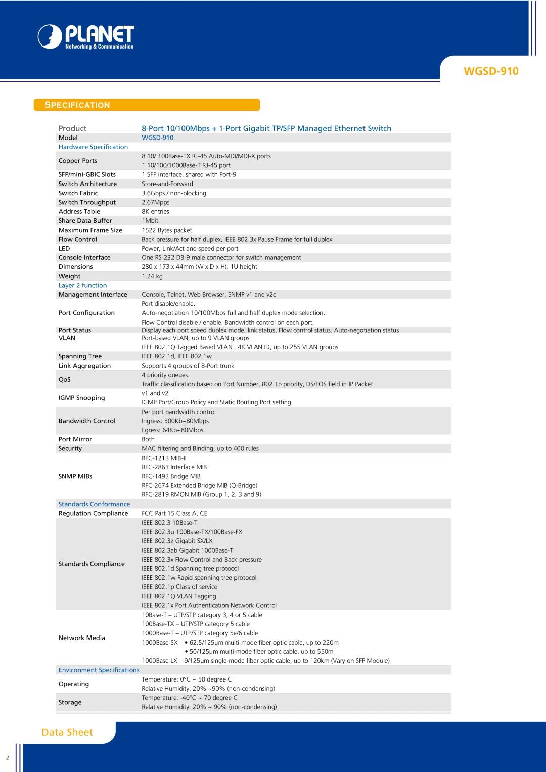 Planet Technology WGSD-910 manual Specification, Product 