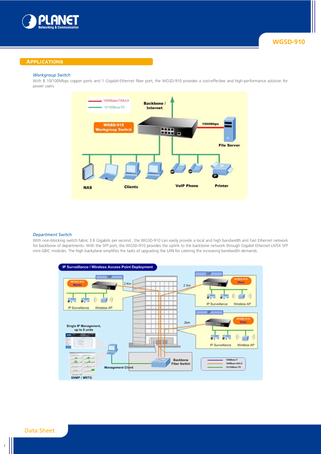 Planet Technology WGSD-910 manual Applications, Workgroup Switch, Department Switch 