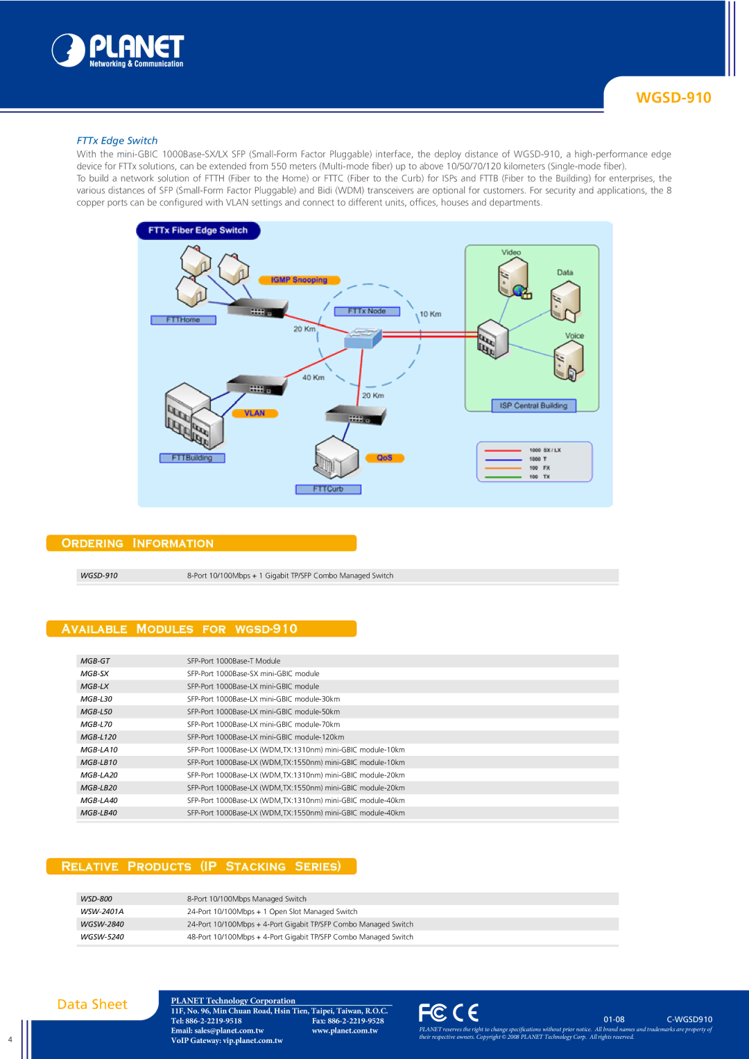 Planet Technology WGSD-910 manual Relative Products IP Stacking Series, FTTx Edge Switch 