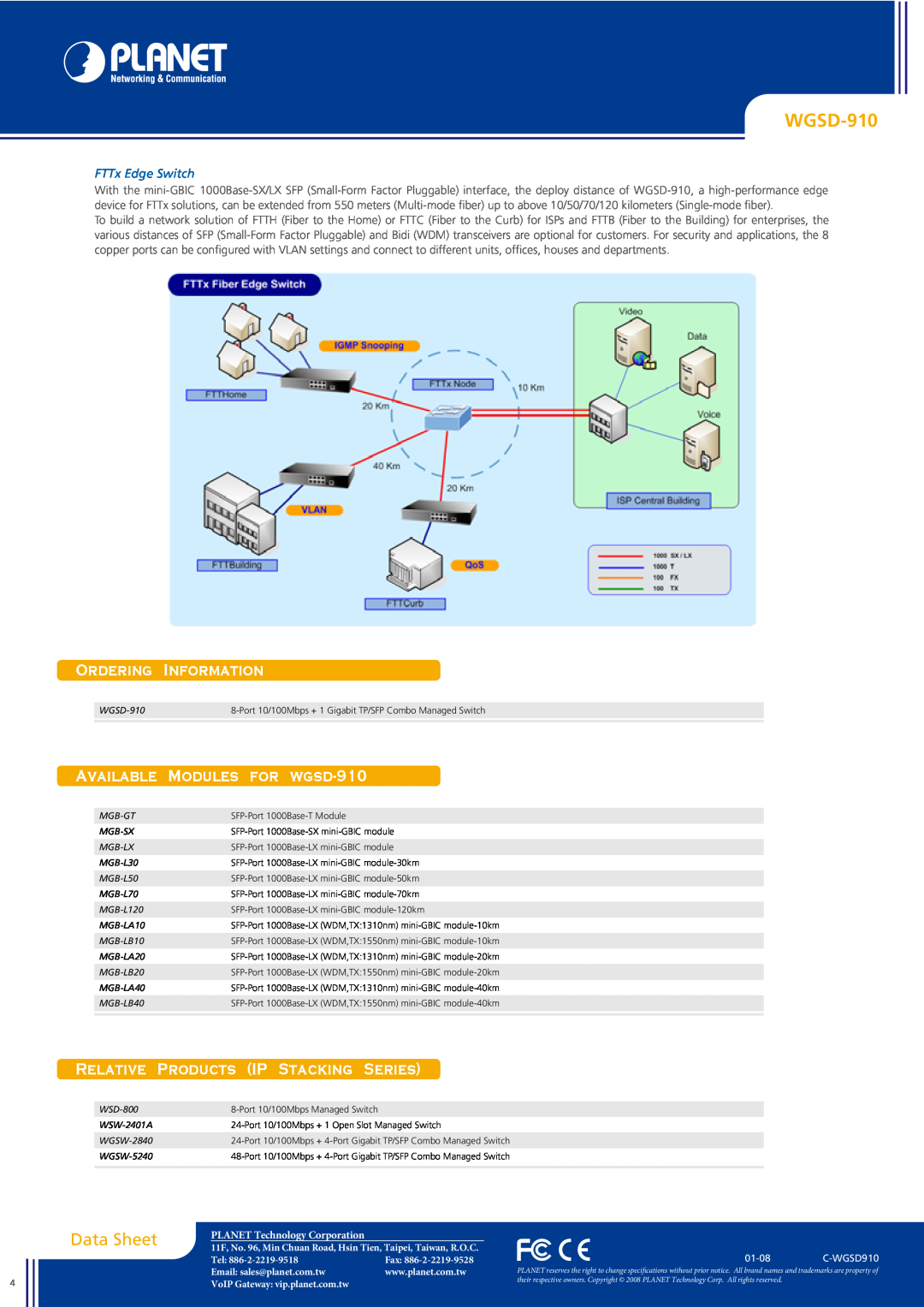 Planet Technology WGSD-910 manual Relative Products Ip Stacking Series, FTTx Edge Switch, Data Sheet, Information, Ordering 