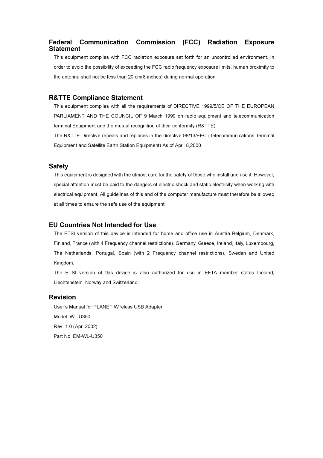 Planet Technology WL-U350 user manual TTE Compliance Statement 