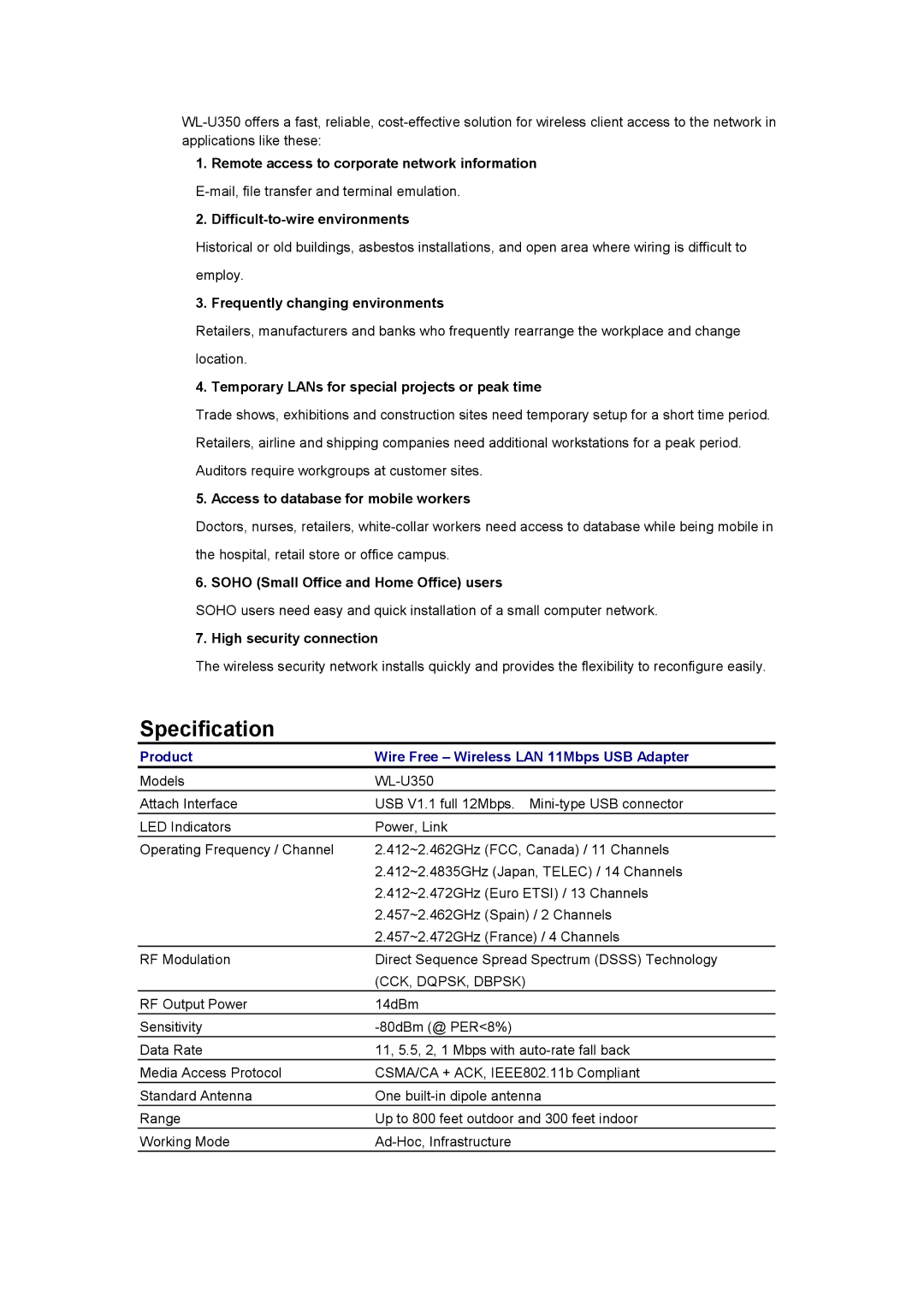 Planet Technology WL-U350 user manual Specification 