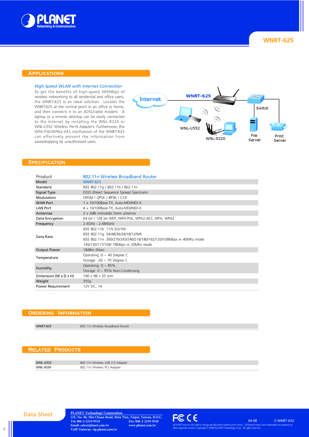 Planet Technology WNRT-625 manual Applications, Specification 