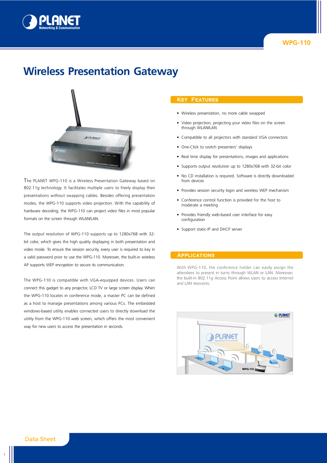 Planet Technology WPG-110 manual KEY Features, Applications 