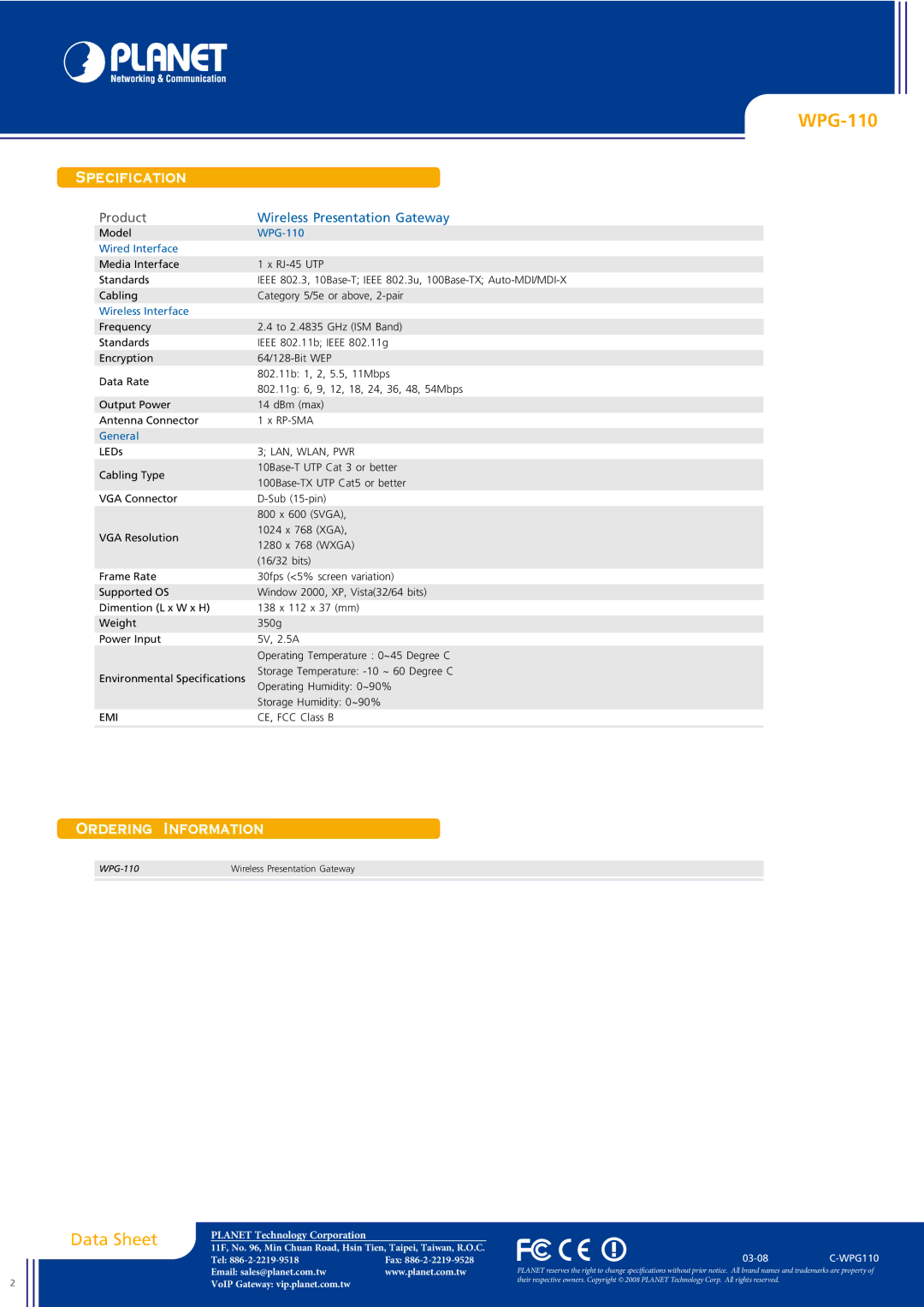 Planet Technology WPG-110 manual Specification, Ordering Information 