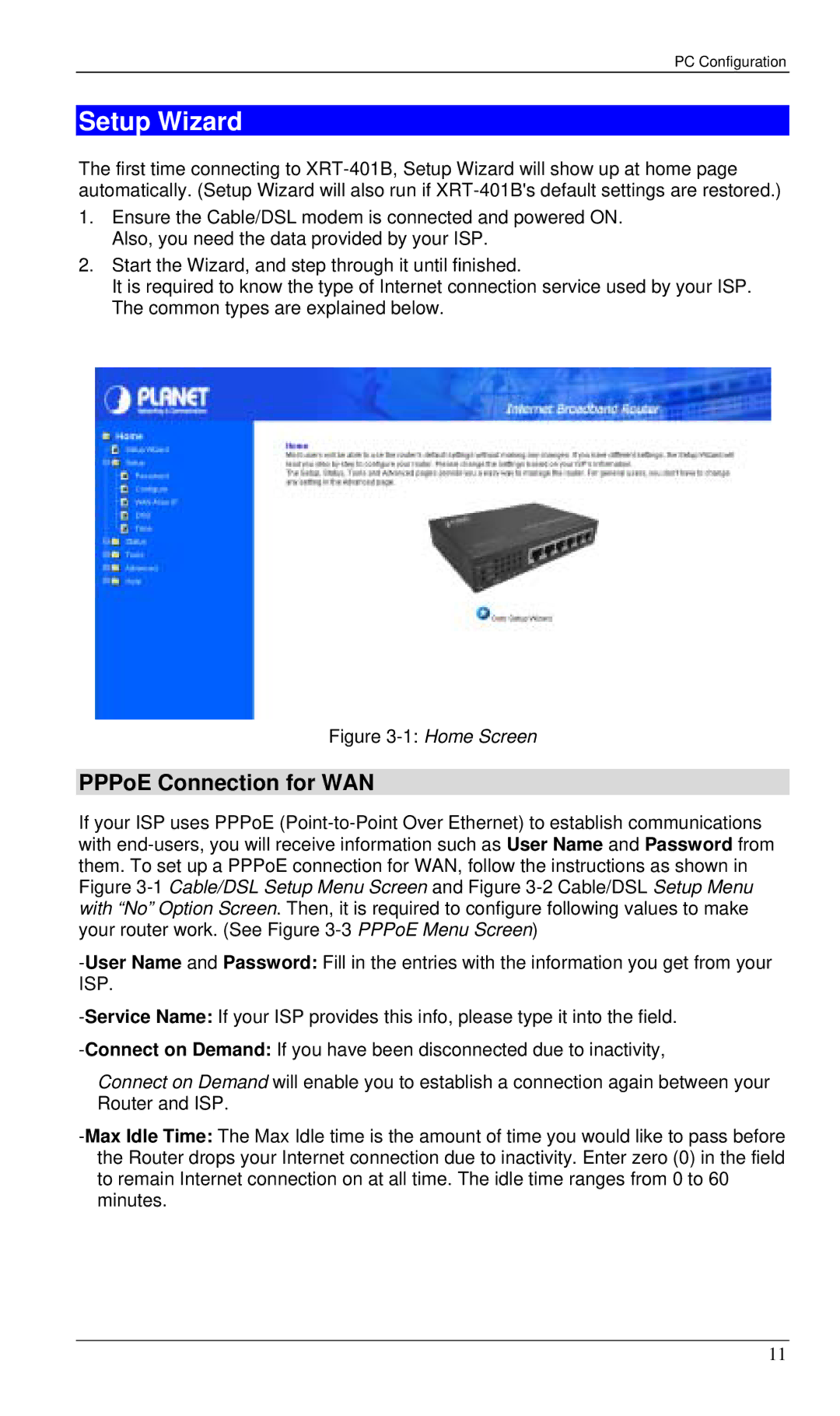 Planet Technology XRT-401B manual Setup Wizard, PPPoE Connection for WAN 