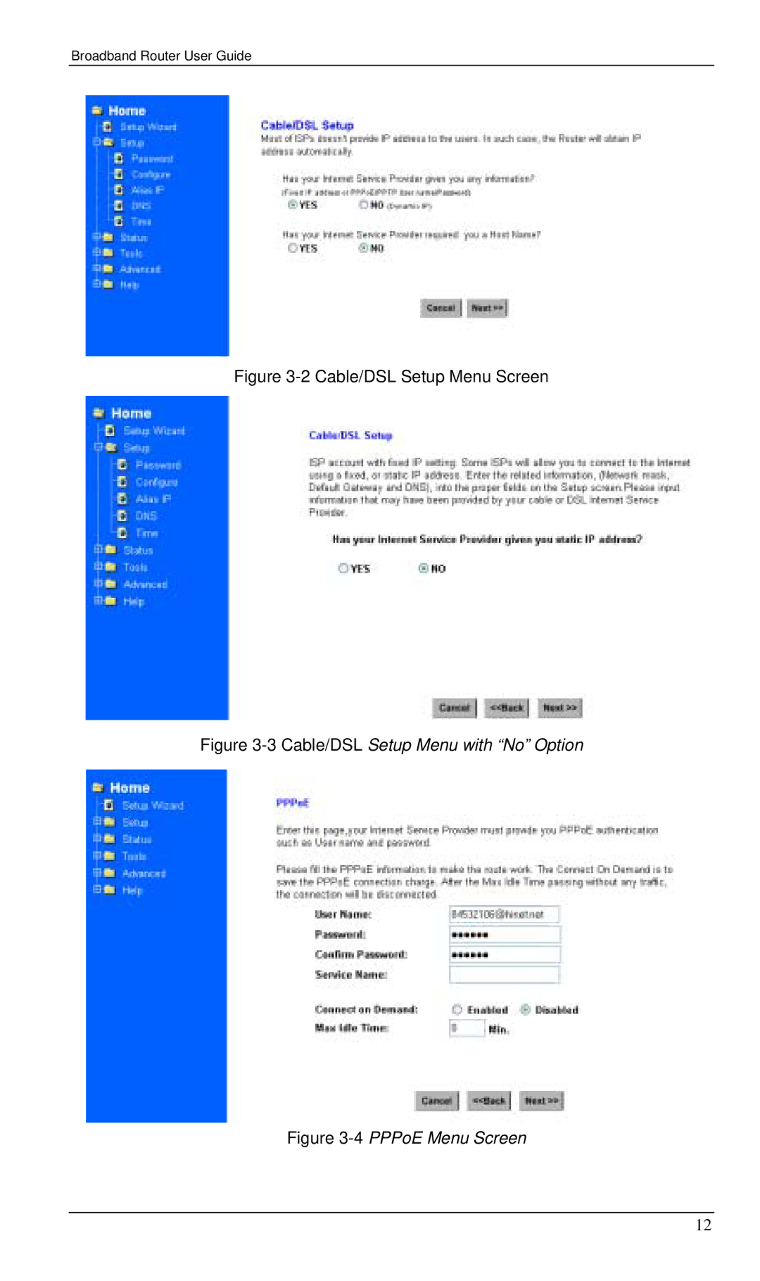 Planet Technology XRT-401B manual Cable/DSL Setup Menu with No Option 