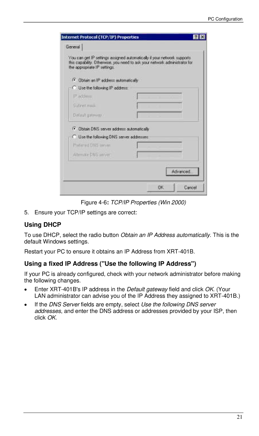 Planet Technology XRT-401B manual Using a fixed IP Address Use the following IP Address, 6TCP/IP Properties Win 