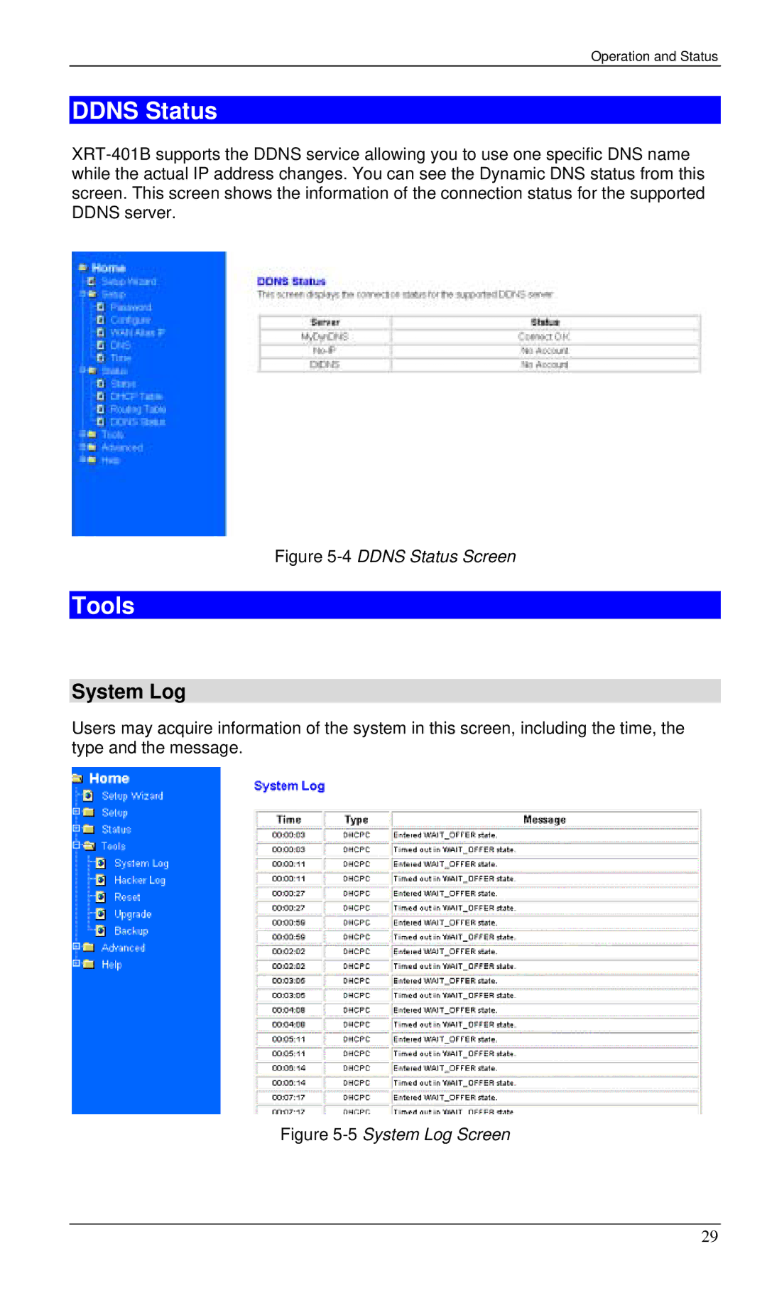 Planet Technology XRT-401B manual Ddns Status, Tools, System Log 