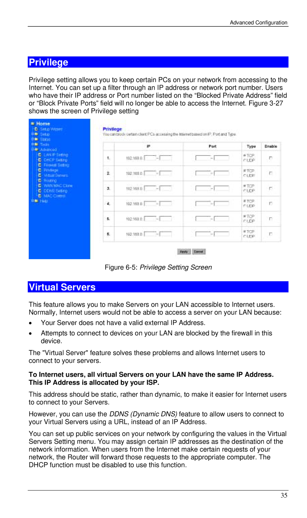 Planet Technology XRT-401B manual Privilege, Virtual Servers 