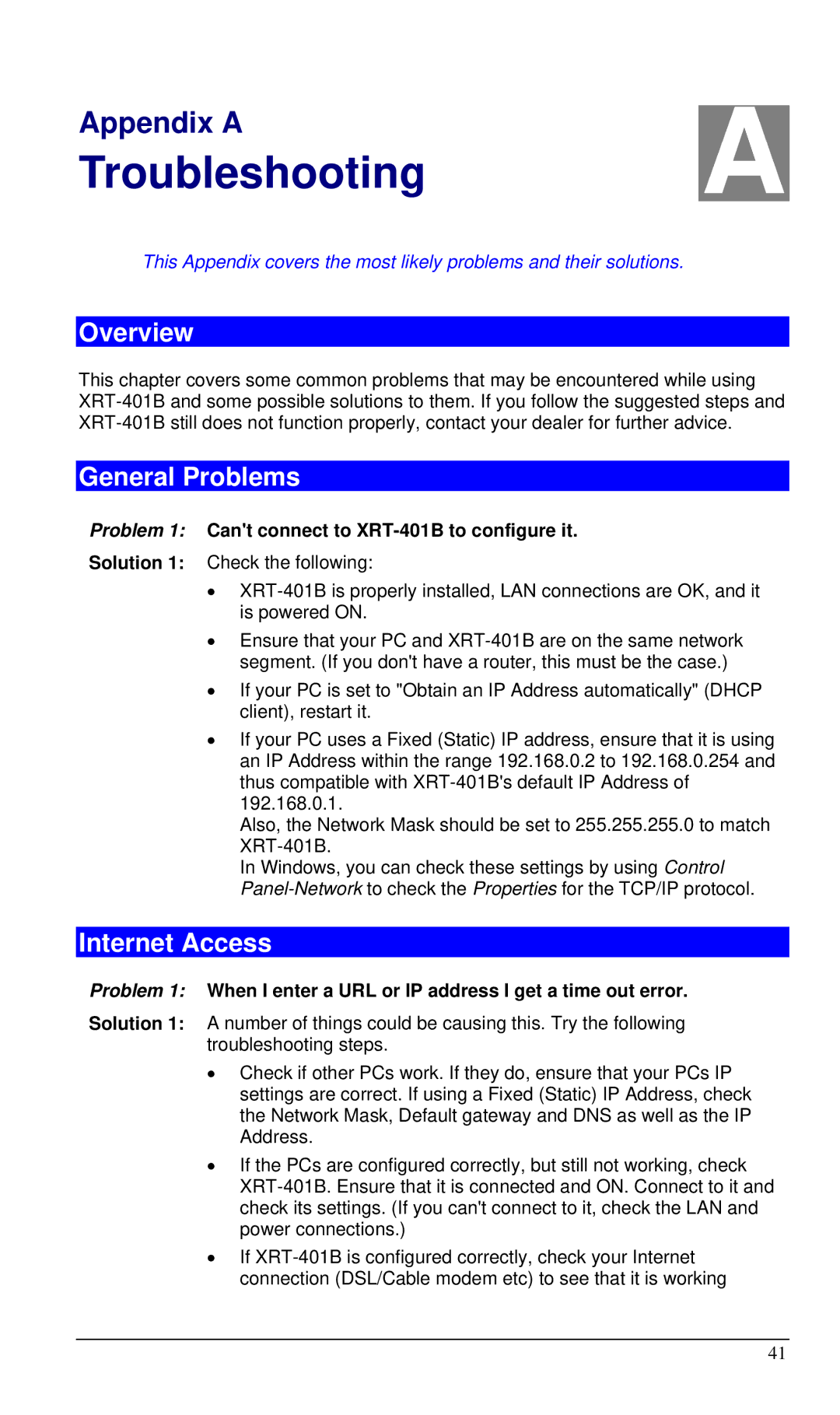 Planet Technology XRT-401B manual Troubleshooting, General Problems, Internet Access 