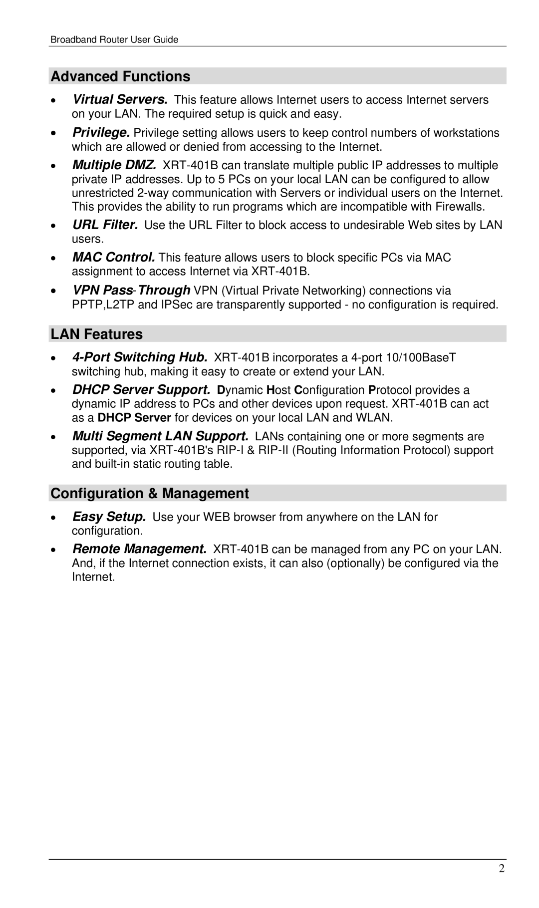 Planet Technology XRT-401B manual Advanced Functions, LAN Features, Configuration & Management 