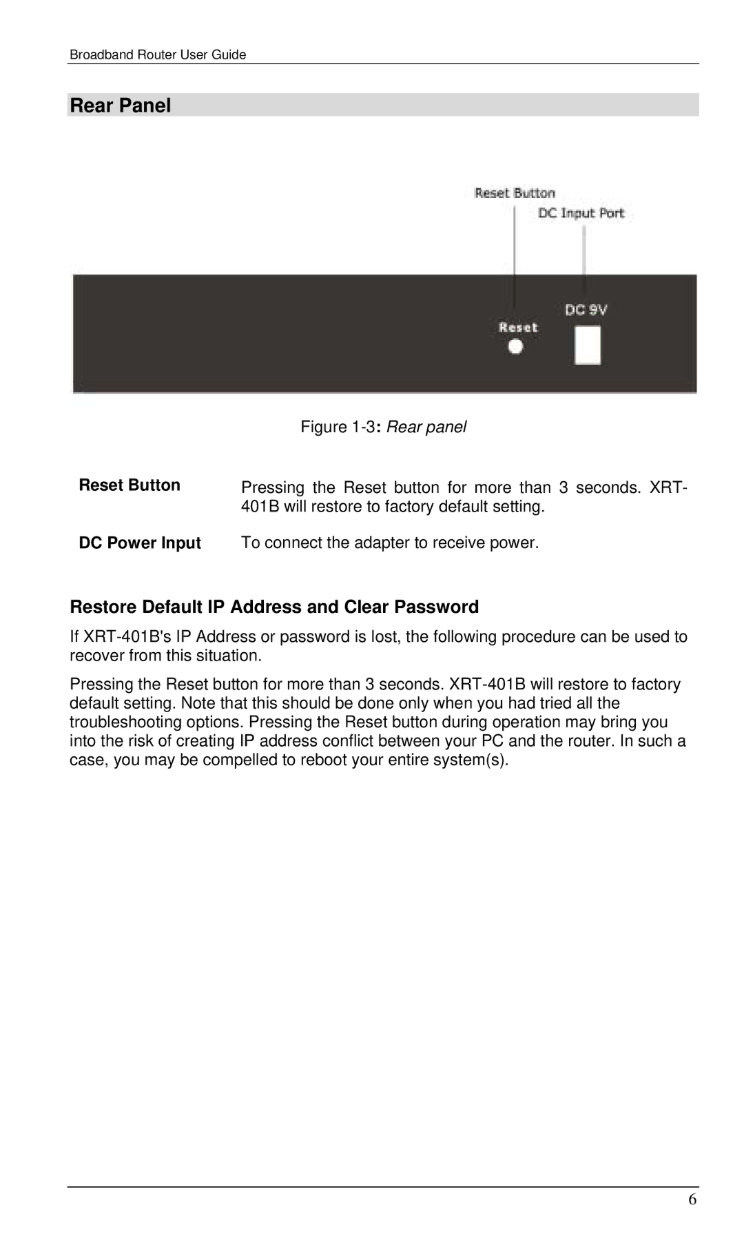 Planet Technology XRT-401B manual Rear Panel, Restore Default IP Address and Clear Password, Reset Button DC Power Input 