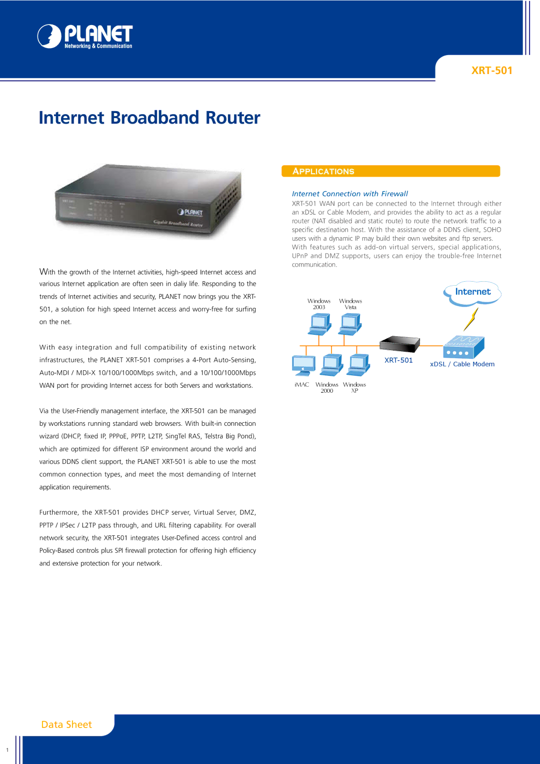 Planet Technology XRT-501 manual Applications, Internet Connection with Firewall 